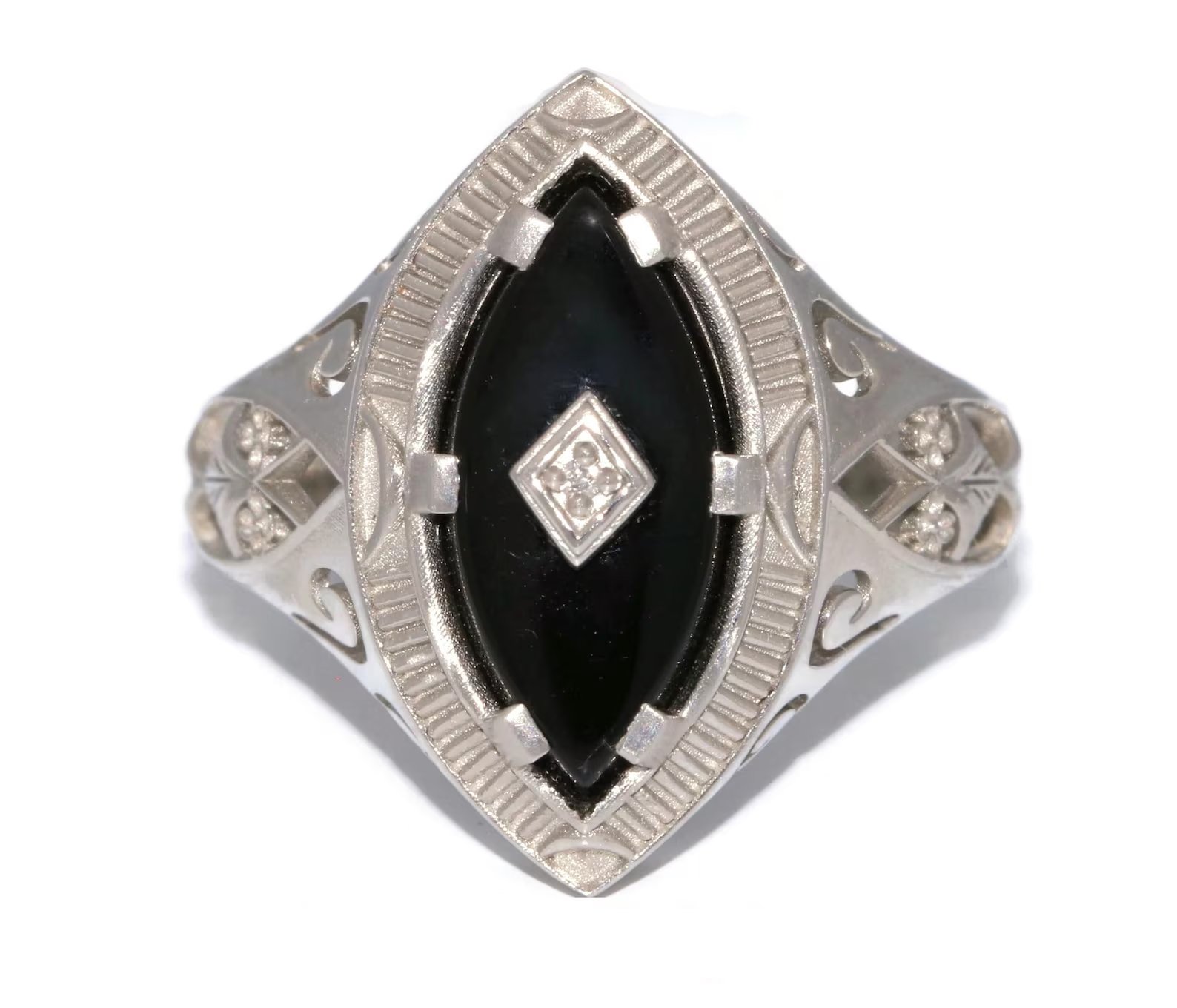 Art Deco Platinum Onyx & Diamond Marquise Shaped Ring