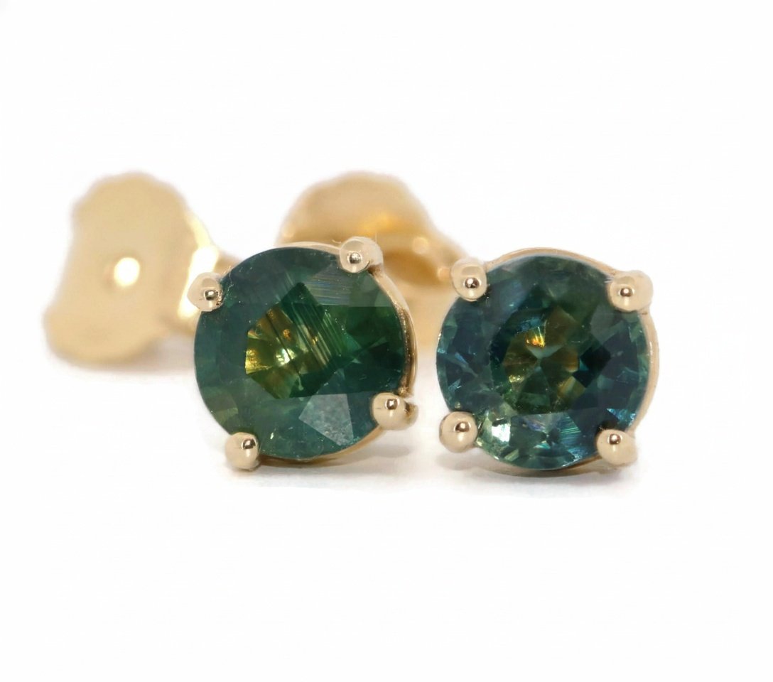 1.32 ct Green Blue Bi-color Sapphire Stud Earrings: Ready to ship