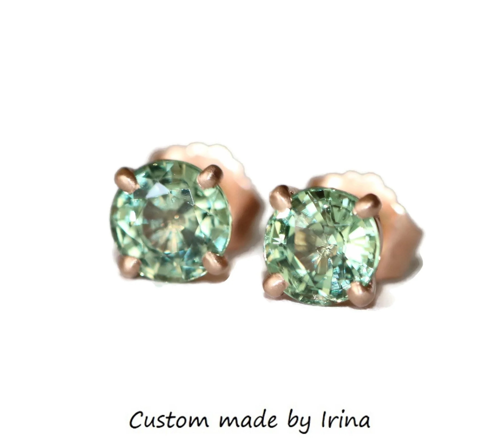1.4 ct Round Green Natural Sapphire 4 Prongs Stud Earrings 14k Solid Gold Custom Made