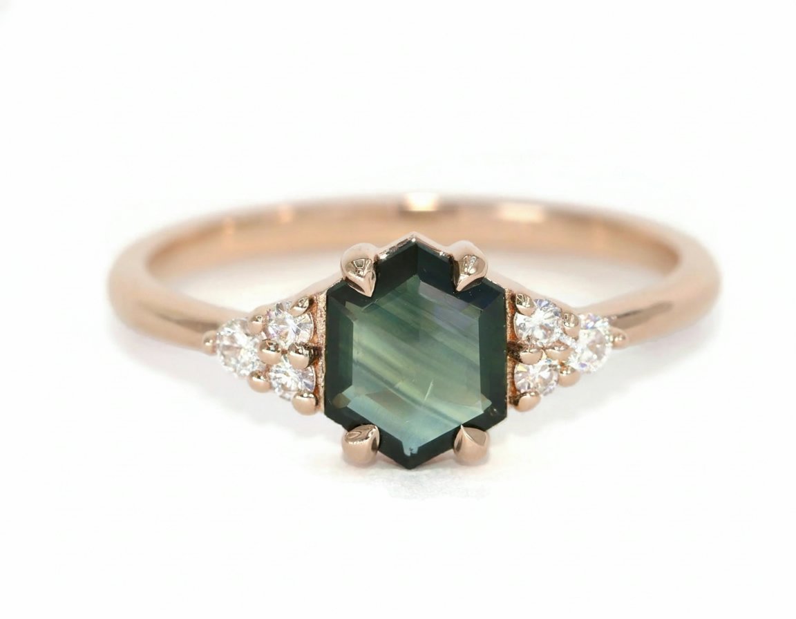 1.25 carat Elongated Hexagon Parti Blue Green Natural Sapphire Engagement Rings Set