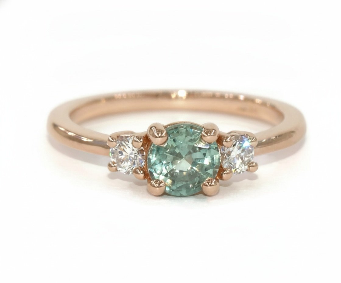 Teal Blue Green Montana Natural Sapphire + Natural Diamonds Three Stone Engagement Ring