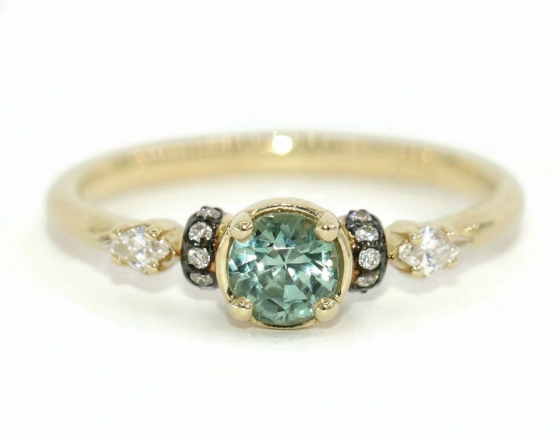 Teal Blue Green Round Montana Sapphire and Kite Diamonds 3 stone Ring with Vintage Inspired Details