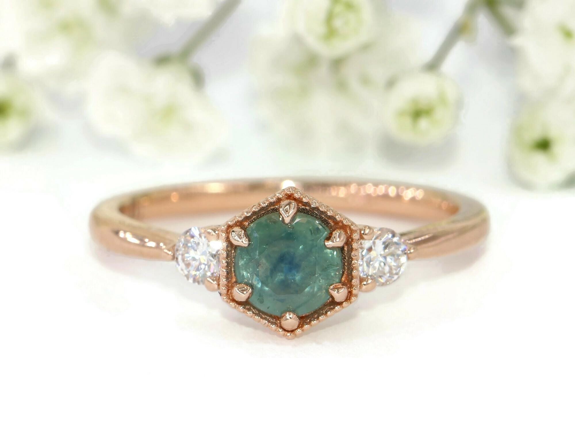 3 Stone Teal Unheated Natural Montana Sapphire Hexagon Beaded Frame Engagement Ring