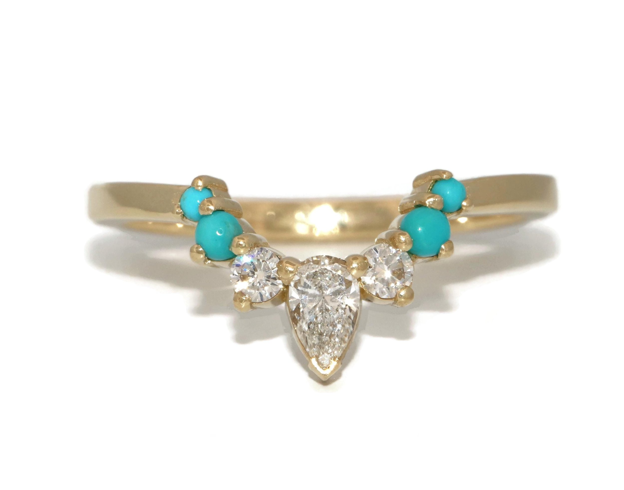 Custom Made Natural Turquoise and Lab Diamonds Curved Nesting Band
