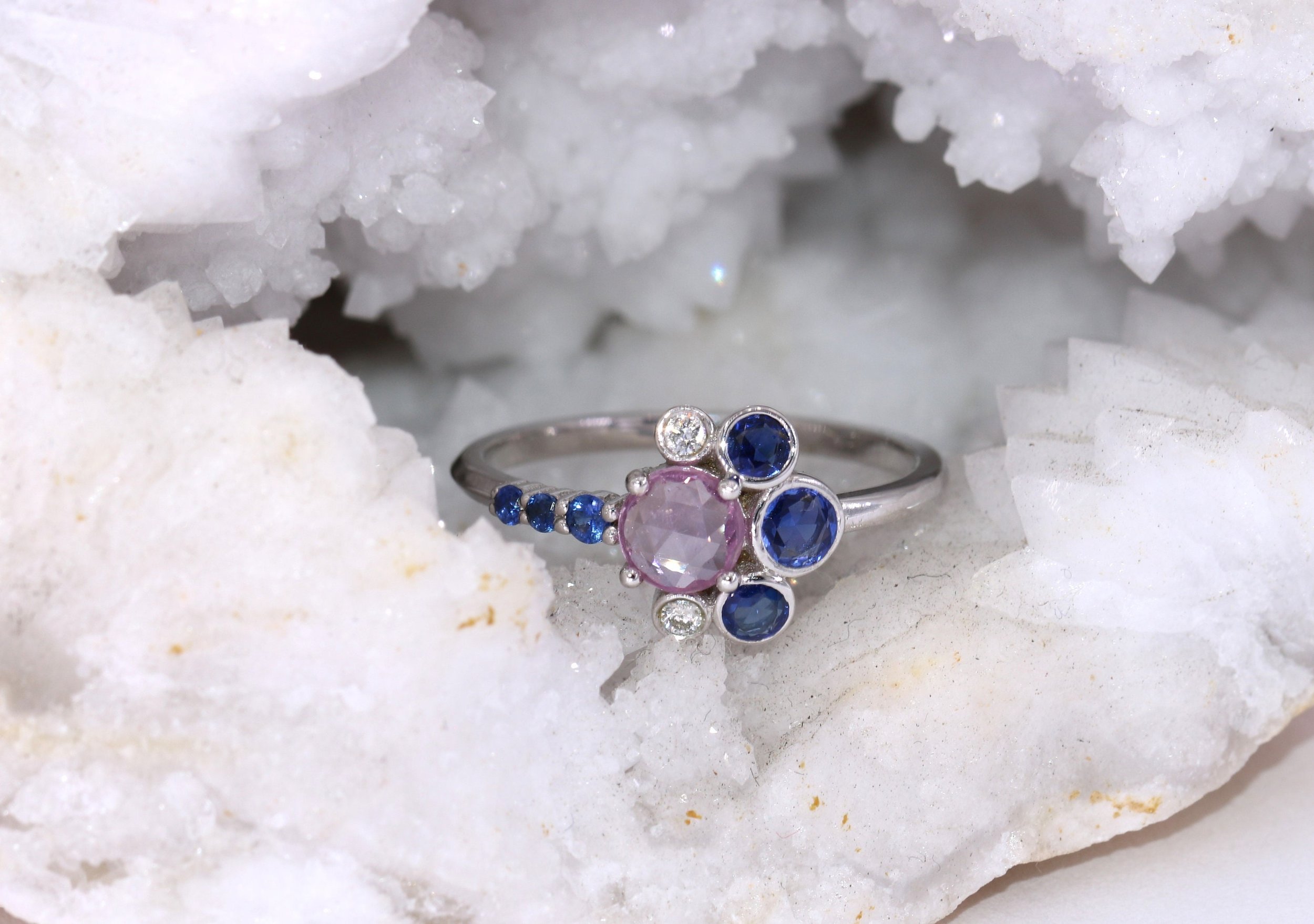 Crescent Half Halo Cluster Ombre Pink and Blue Sapphire Ring