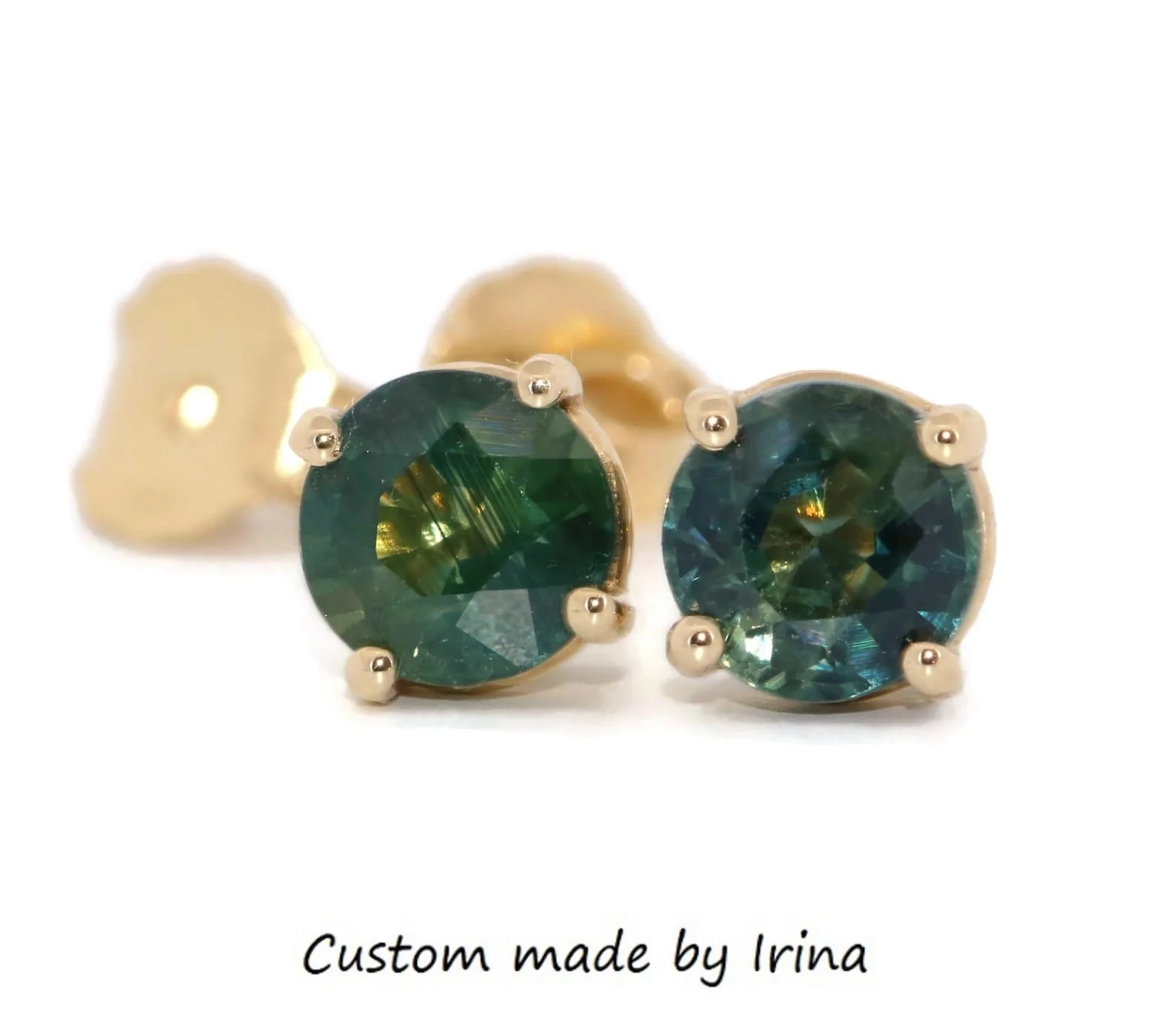 1.32 ct Green Blue Bi-color Sapphire Stud Earrings 14k Yellow Gold: Ready to ship