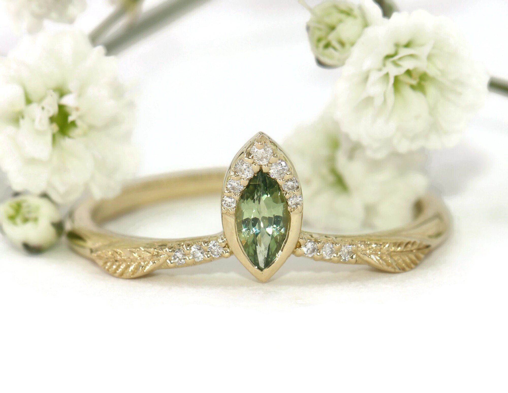 Marquise Green Sapphire Hand Engraved Leaves Diamond Ring