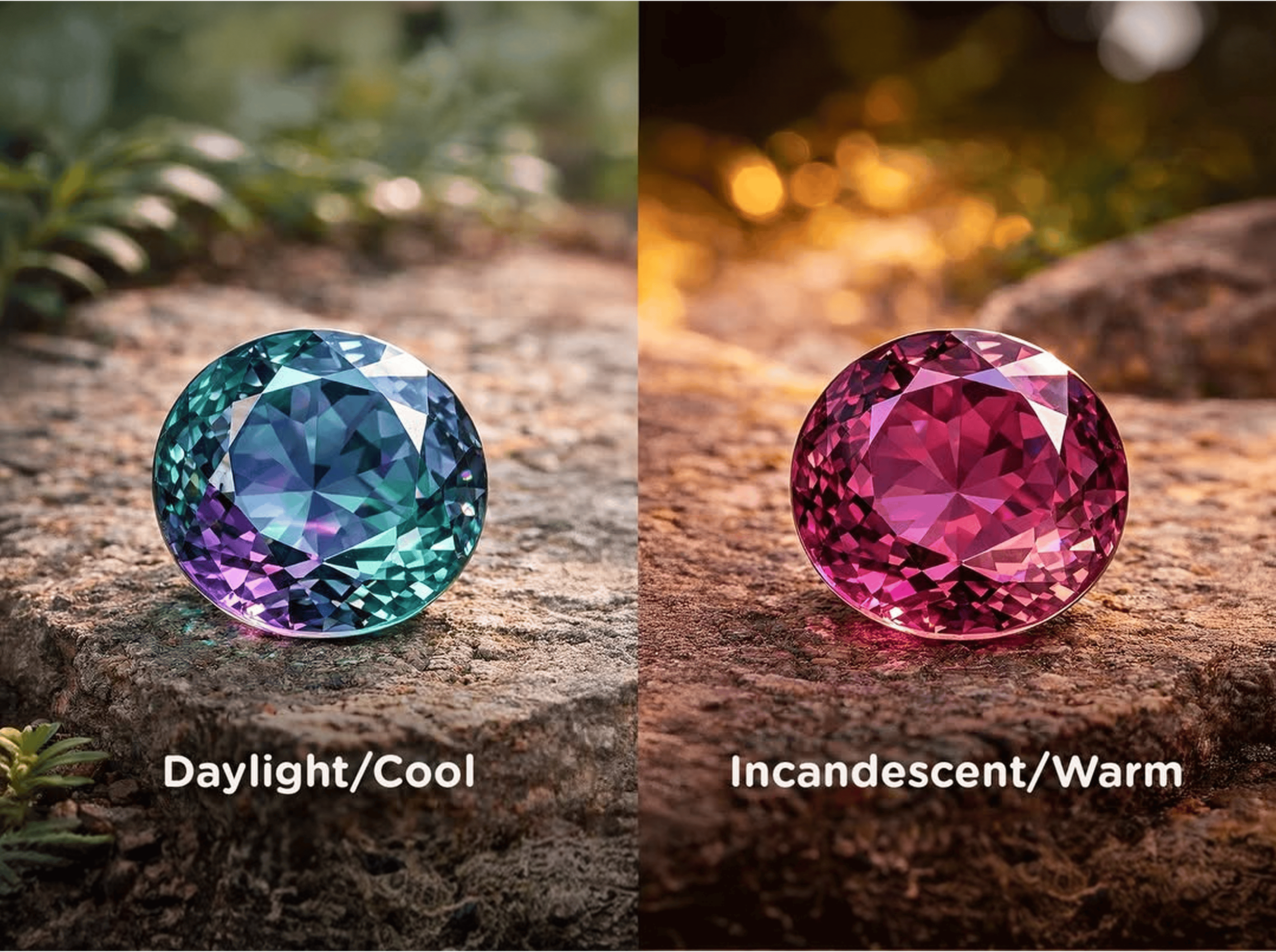 A side-by-side comparison of a color-change gemstone showing teal-blue tones in daylight versus pink-red tones under incandescent light.