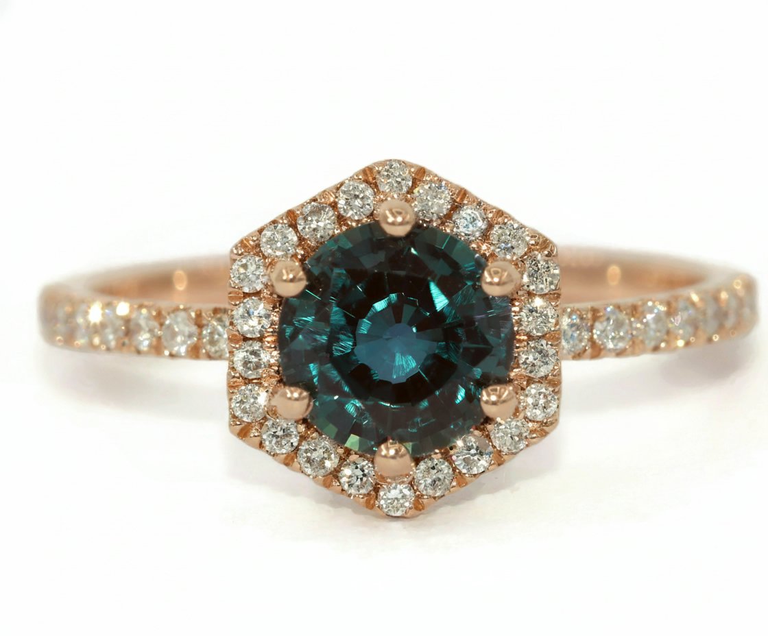 1 carat Lab Alexandrite Hexagon Natural Diamond Halo Engagement Ring