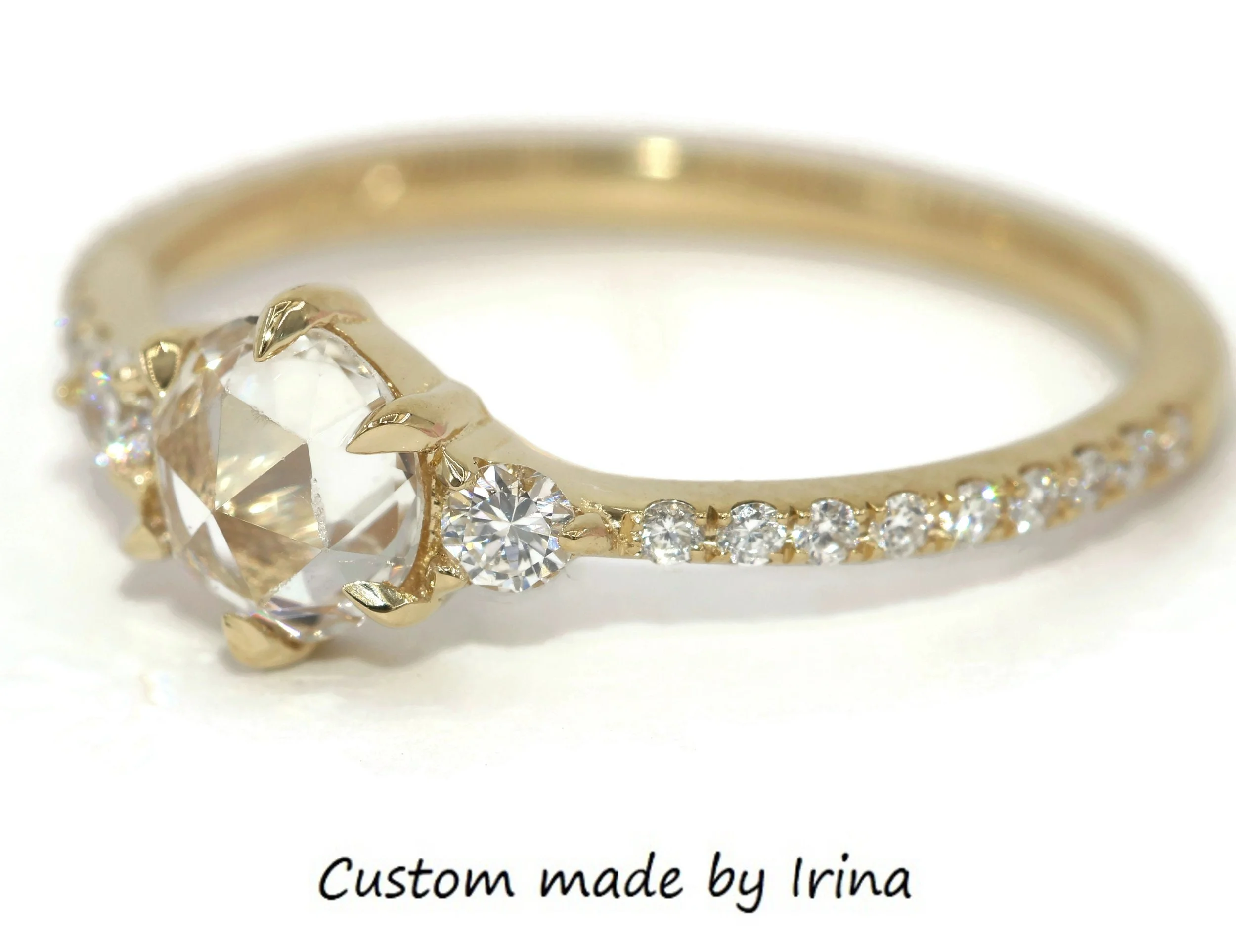 Rose Cut White Natural Sapphire and Diamond 3 Stone Engagement Ring