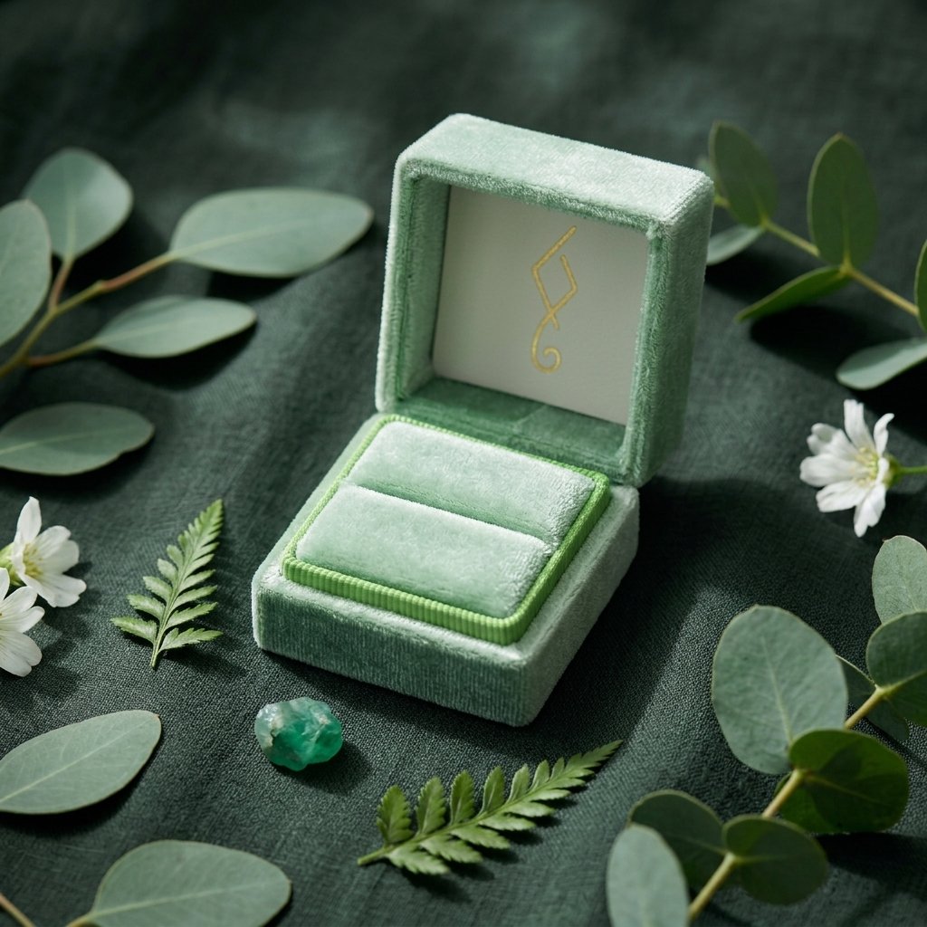 A green velvet jewelry box containing a ring with a gold band and green gemstone, surrounded by eucalyptus leaves, fern leaves, white flowers, and a loose green gemstone on a dark fabric background.