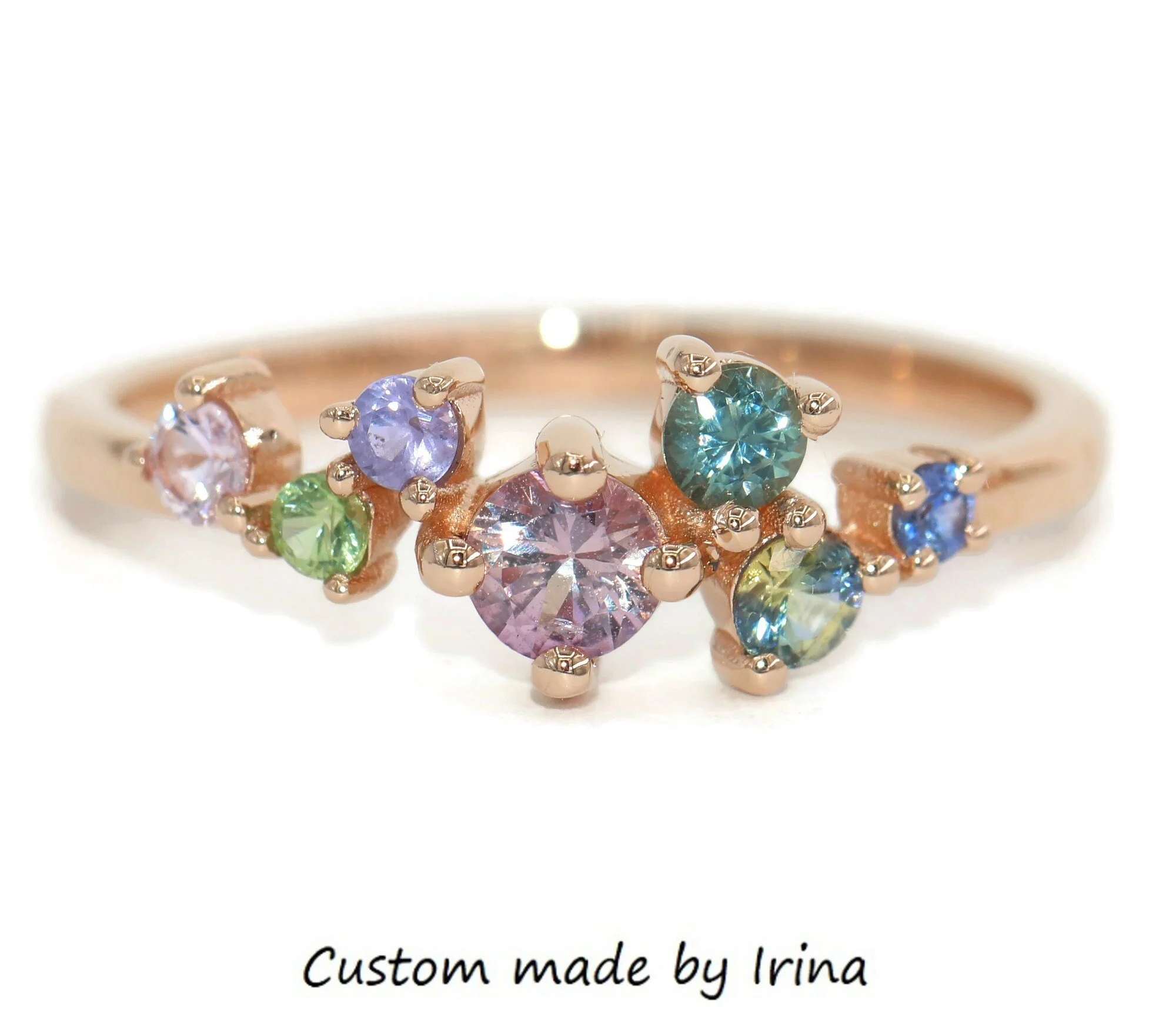 Scattered Colorful Natural Sapphires Cluster 14k Solid Gold Ring