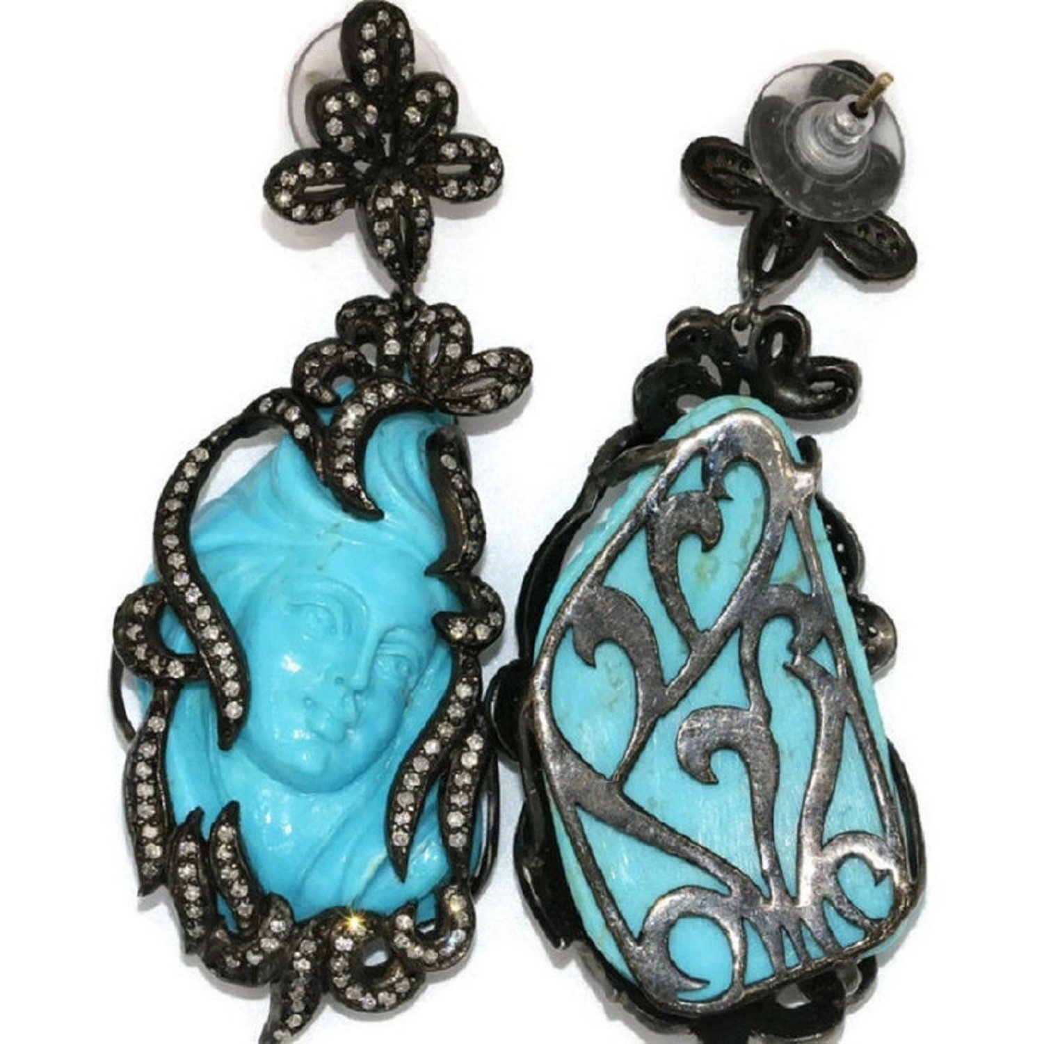 Appraised Certified Cameo Natural Turquoise Earrings Hand Carved