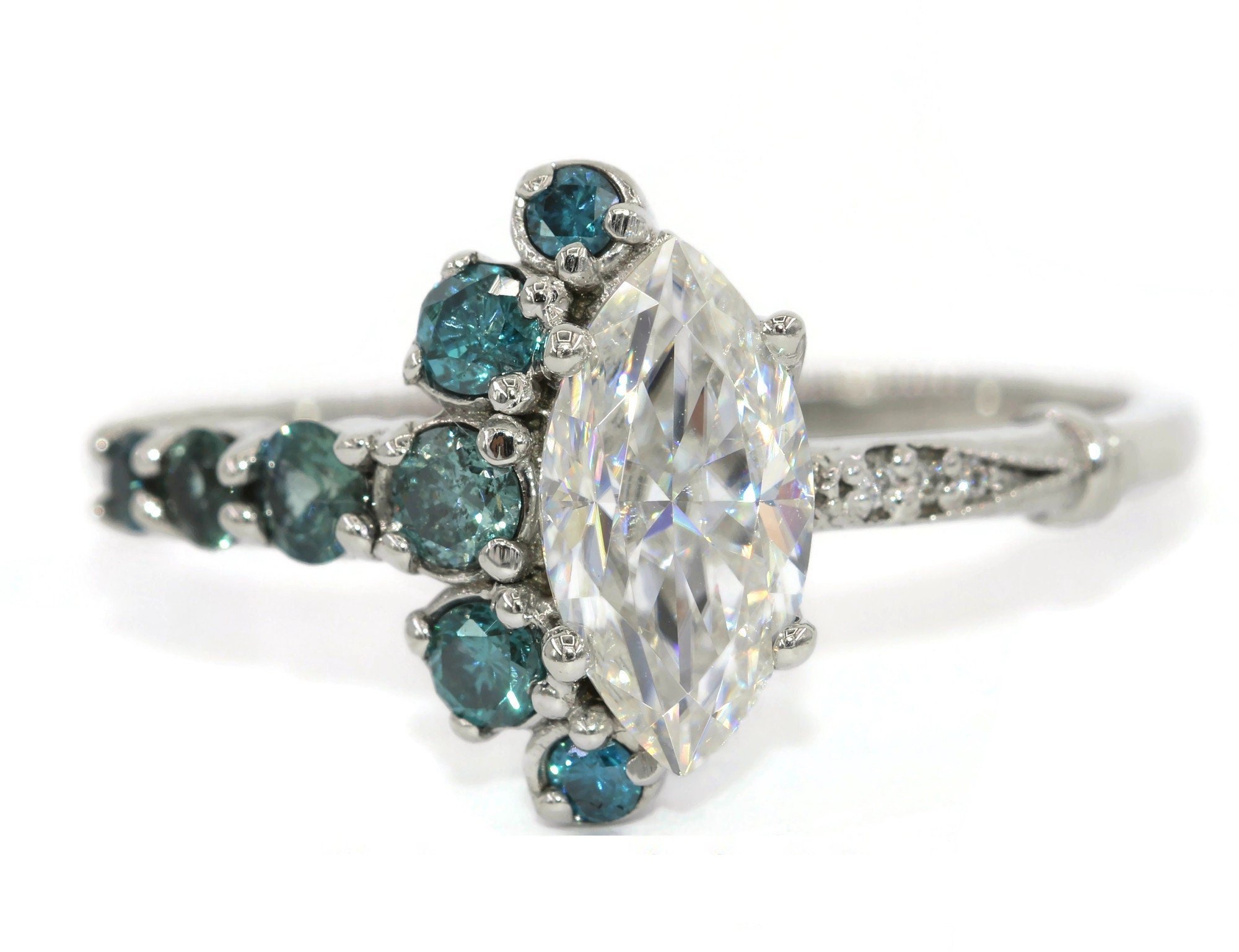 1.5 ct Marquise Diamond Cluster Ring with Teal Blue Diamonds Crescent Half Halo