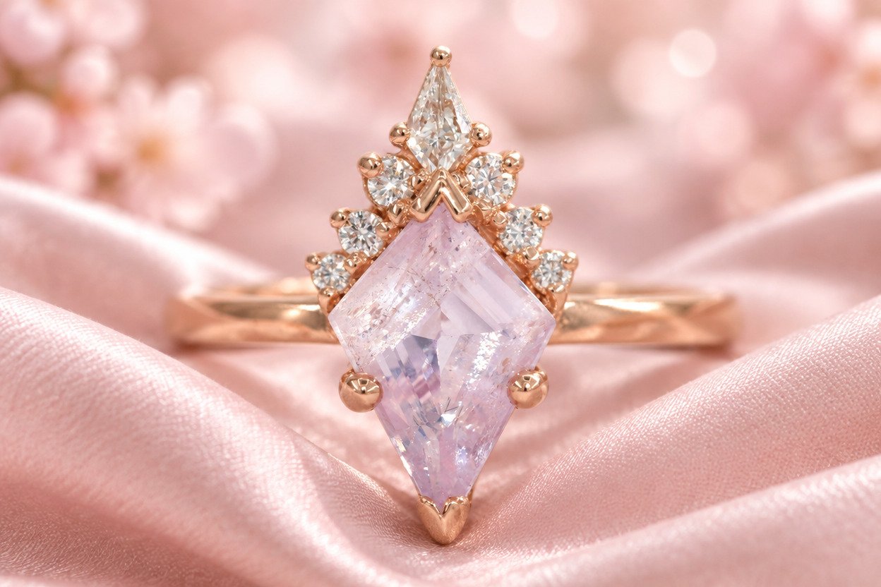 Rose gold ring with a kite-shaped pale lavender gemstone crowned by a diamond cluster, on pink fabric
