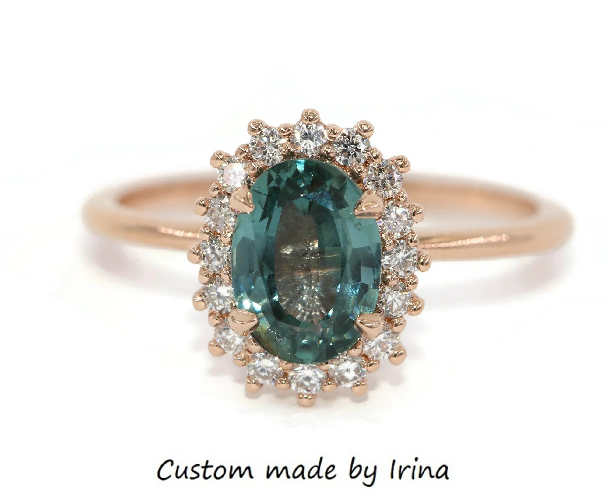 GIA 3 ct Oval Montana Sapphire Engagement Ring: Vintage Diamond Halo 14k Solid Gold