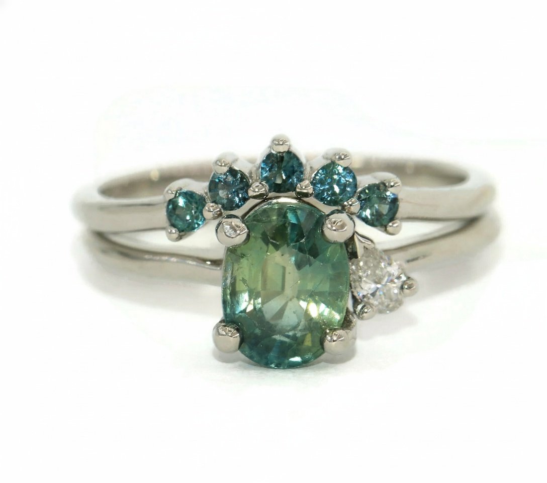 2 ct Oval Blue Green Sapphire + Pear Diamond Platinum Cluster Ring and matching Nesting Wedding Band