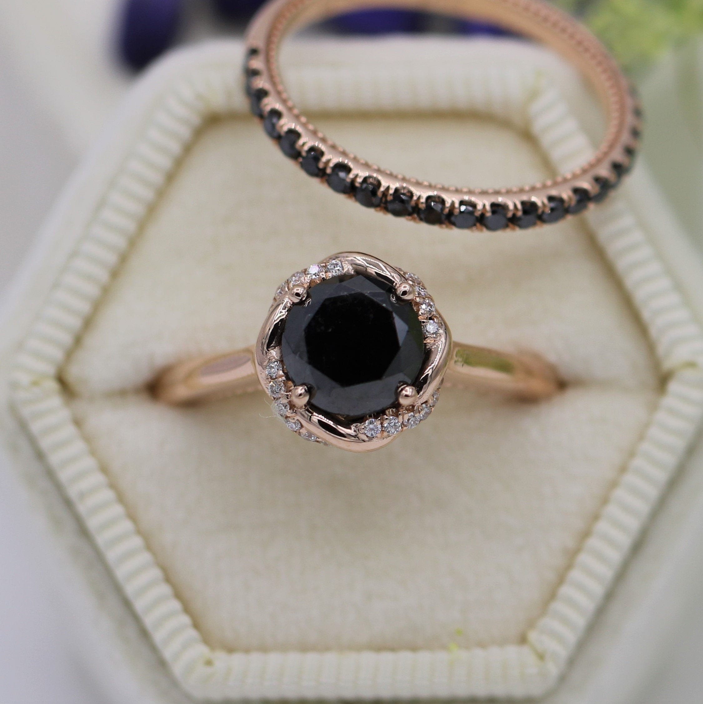 2 ct Black Diamond Rope Halo Engagement Ring