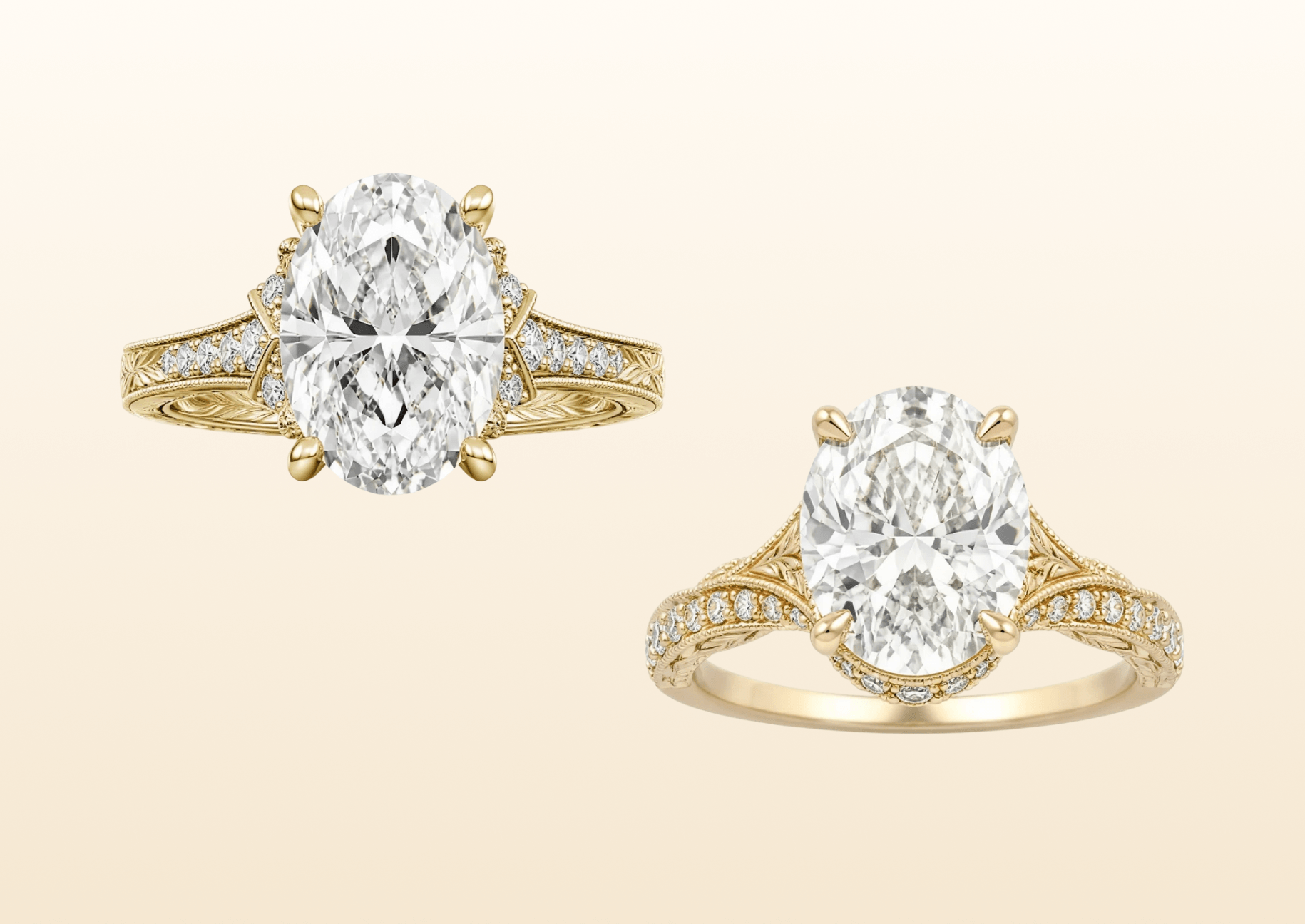 A hand holding a smartphone on the Ring by Irina website, with a text prompt describing an 'Art Deco Style Hand Engraved 2 carat Oval 14k Yellow Gold 3 Stone Ring' entered into the AI ring designer.