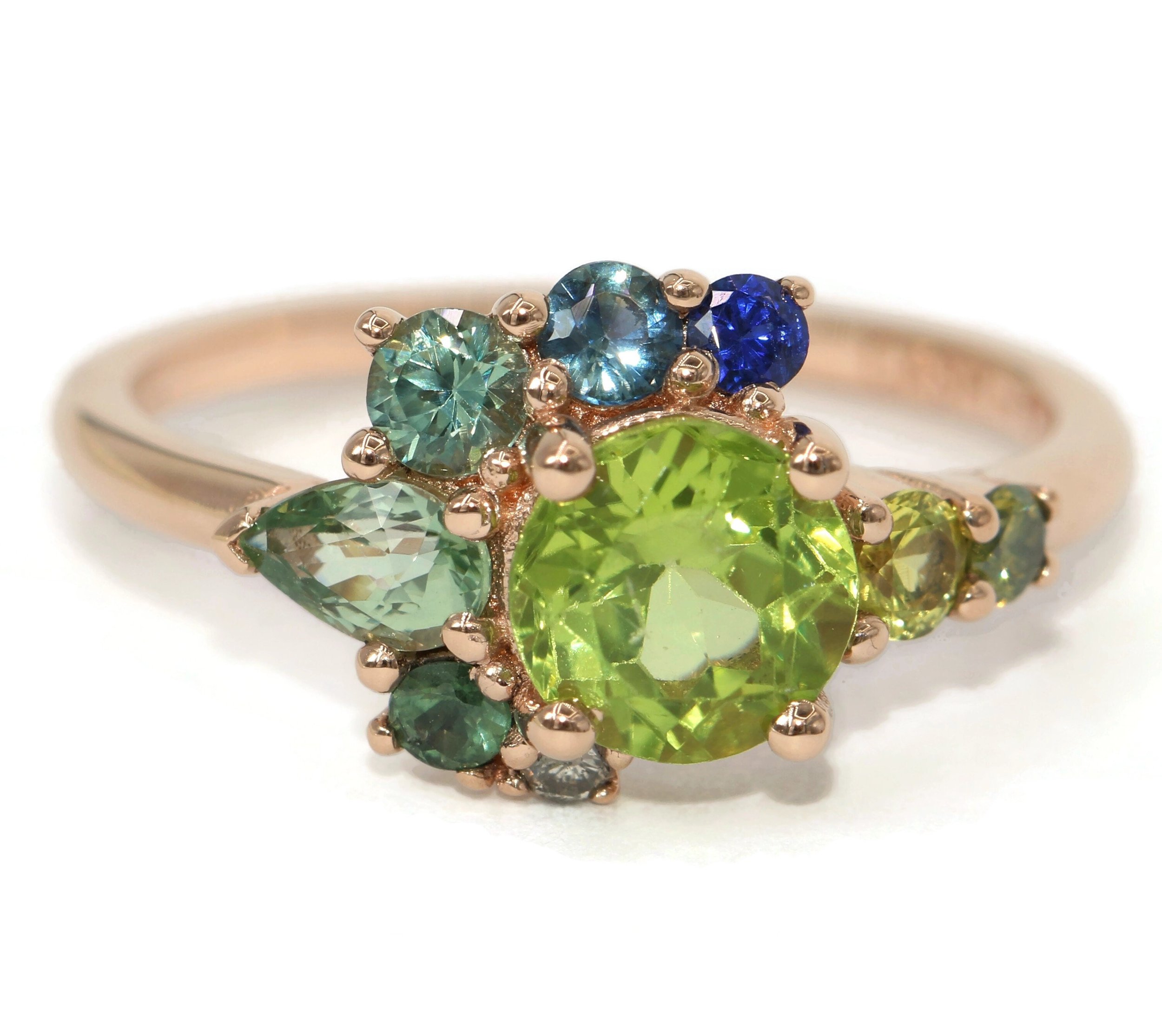 1 ct Colorful Ombre Blue Green Sapphire + Peridot Cluster Ring