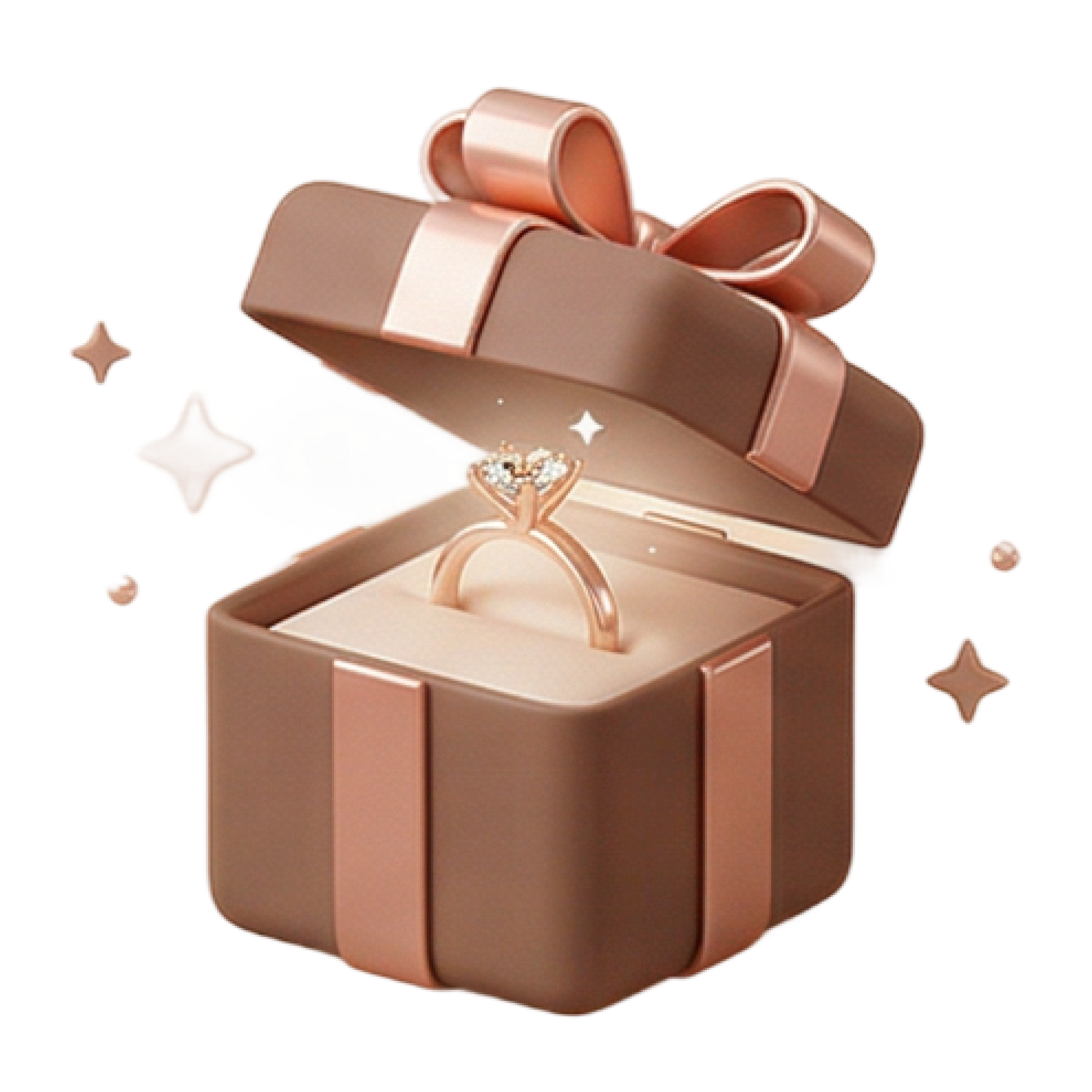 A rose gold jewelry box with a lid partly open, revealing a diamond engagement ring inside. Sparkles and decorative stars surround the box.