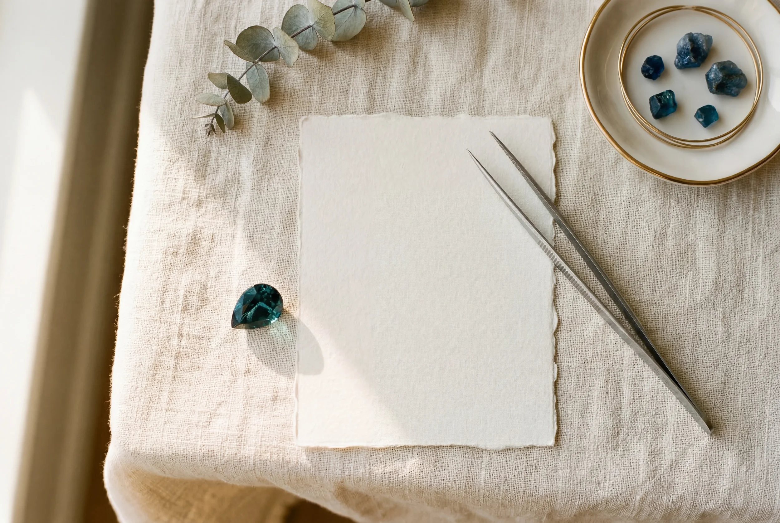 A tabletop covered with beige linen fabric featuring a perched branch of eucalyptus, a sheet of torn white paper, a pair of tweezers, a blue gemstone, and a small white dish with gold rim containing blue mineral stones.