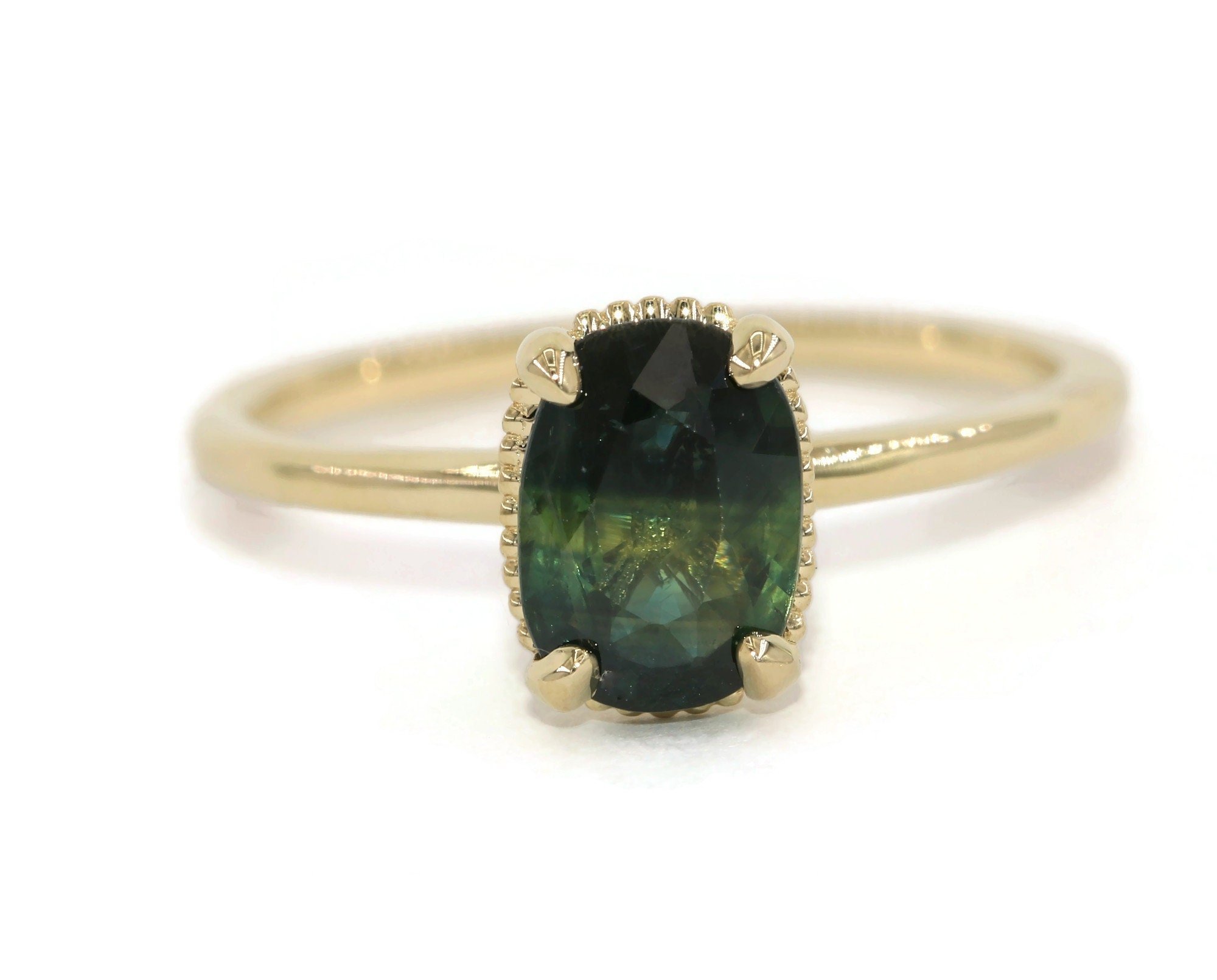 1.2 carat Beaded Basket Blue Green Natural Sapphire Solitaire Ring