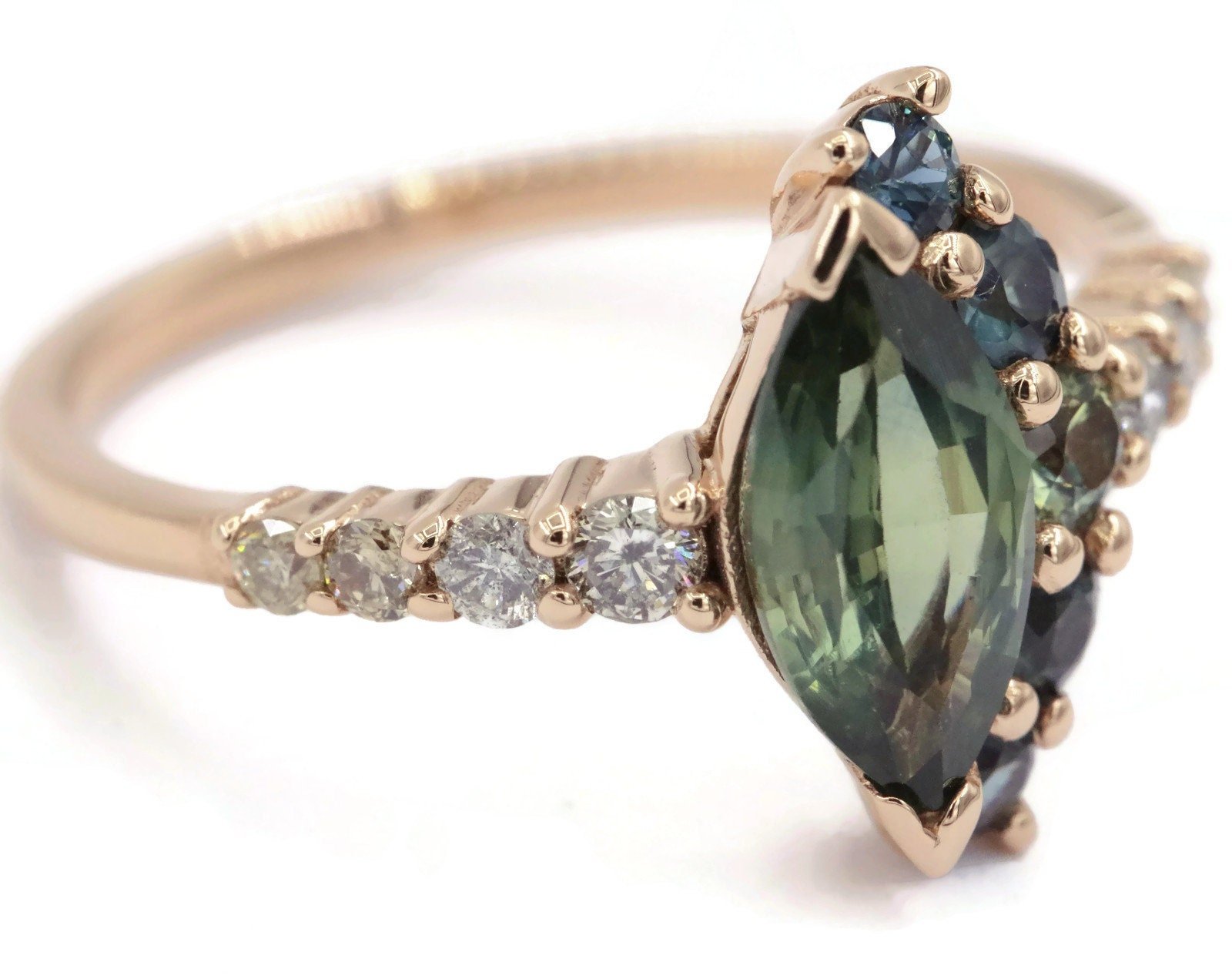 1.3 ct Ombre Blue Green Marquise Natural Sapphire Cluster Engagement Ring