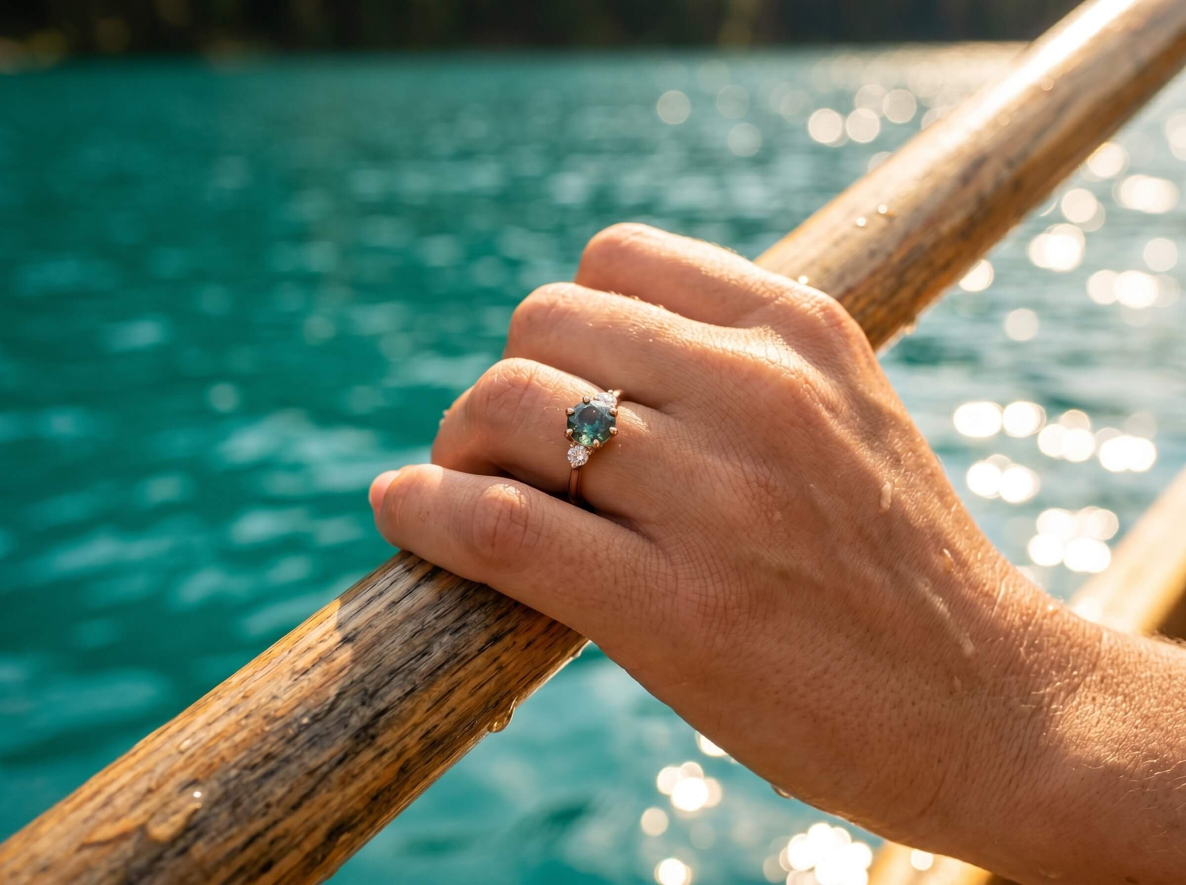 A close-up of a hand wearing a three-stone ring with a teal blue center gemstone and diamond side stones, resting on a wooden railing above sparkling turquoise water.