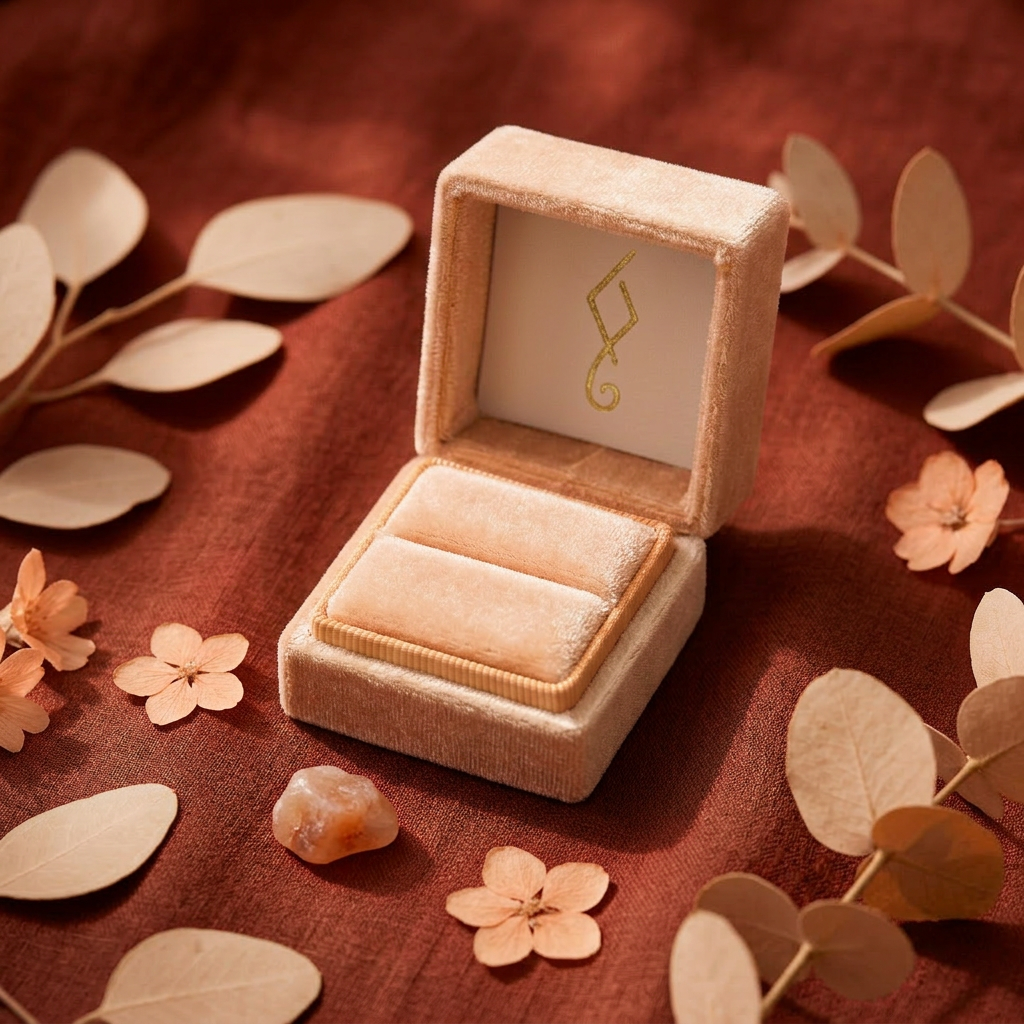 An open velvet jewelry box with gold decorative letters inside the lid, set on a brown fabric surface surrounded by dried leaves and small peach-colored flowers.
