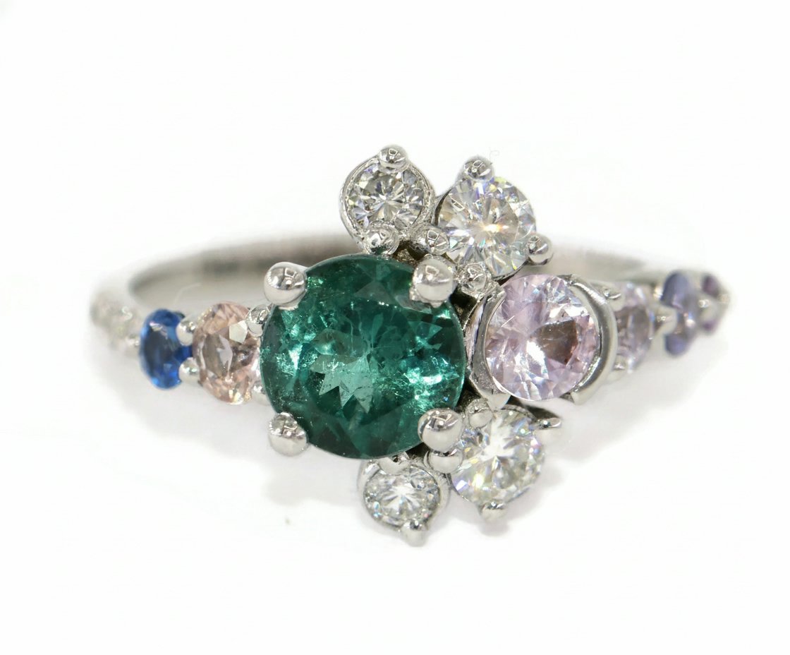 1 ct Blue Green Tourmaline Sun and Moon Cluster Custom Ring