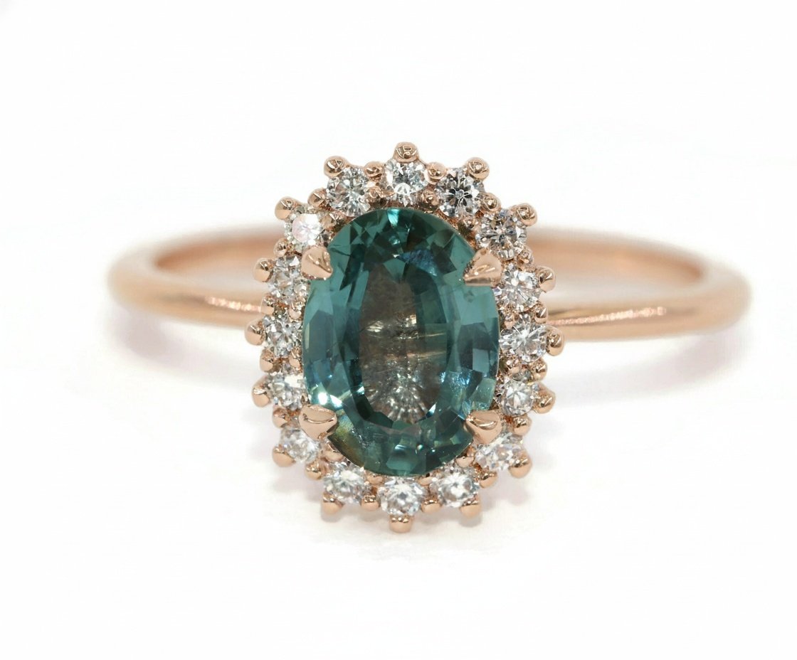 GIA 3 ct Oval Montana Sapphire Engagement Ring: Vintage Diamond Halo