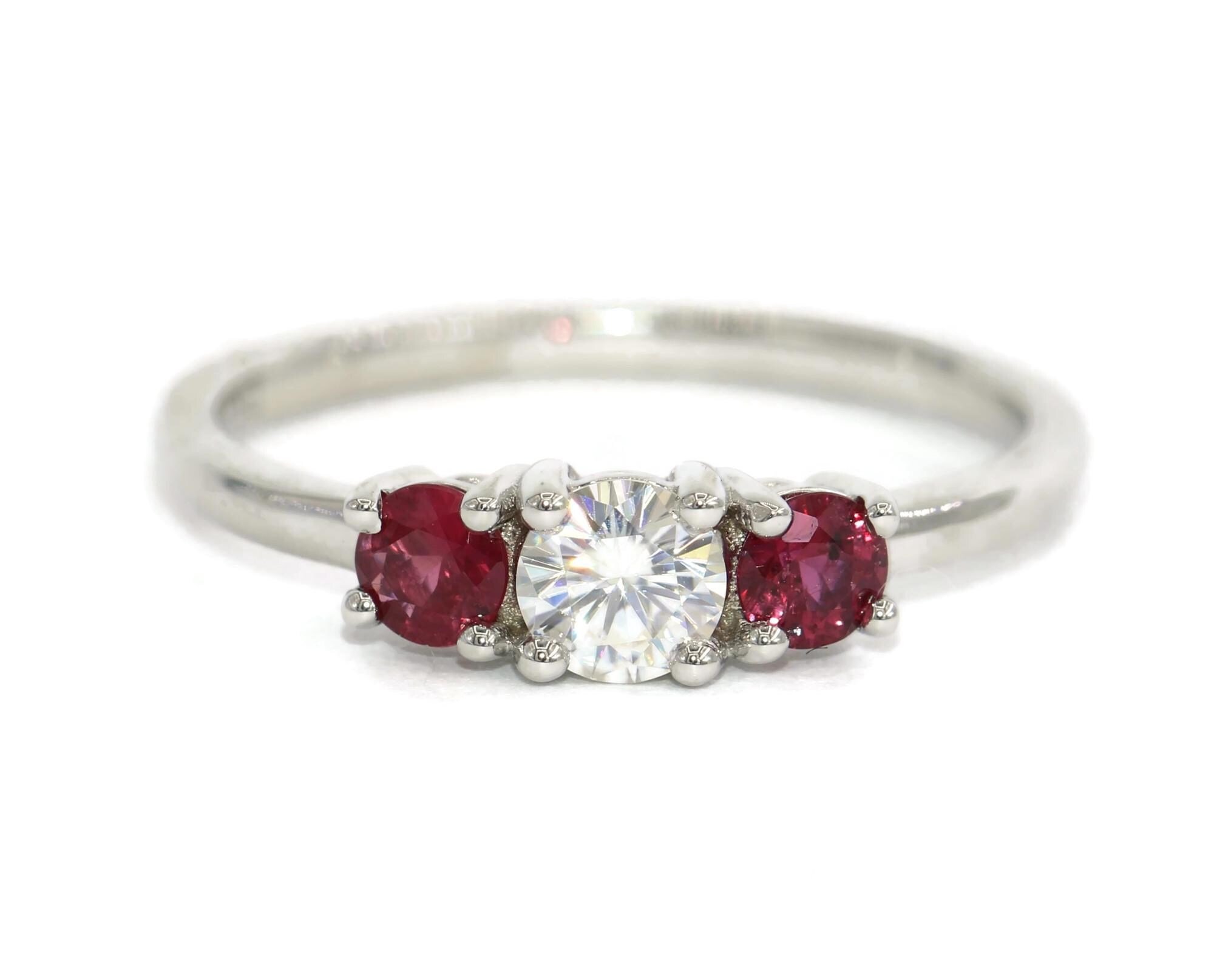 Three Stone Natural Diamond and Ruby Classic Elegant Ring