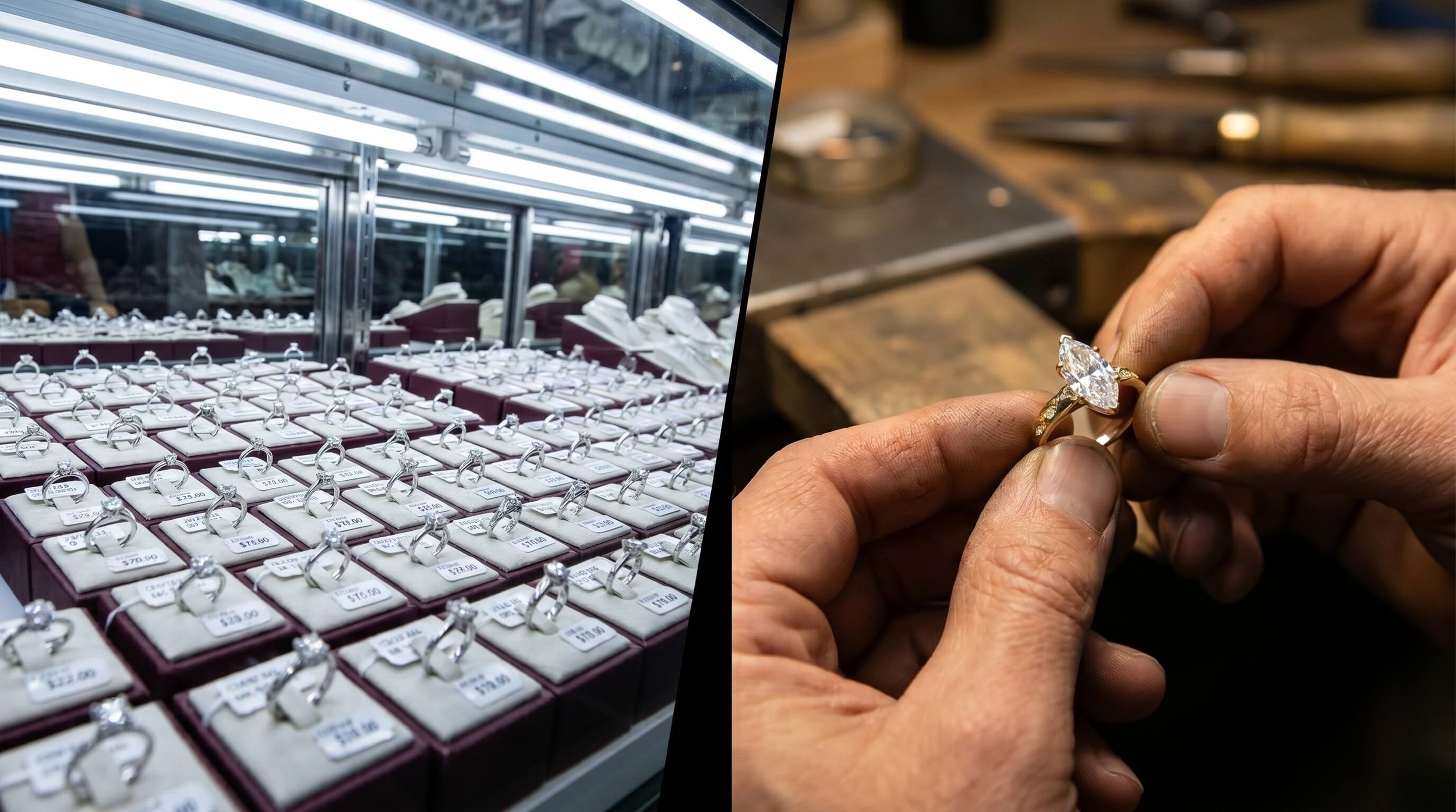 Mass-produced diamond rings in a retail jewelry store display case versus a jeweler handcrafting a custom marquise diamond ring in a goldsmith workshop