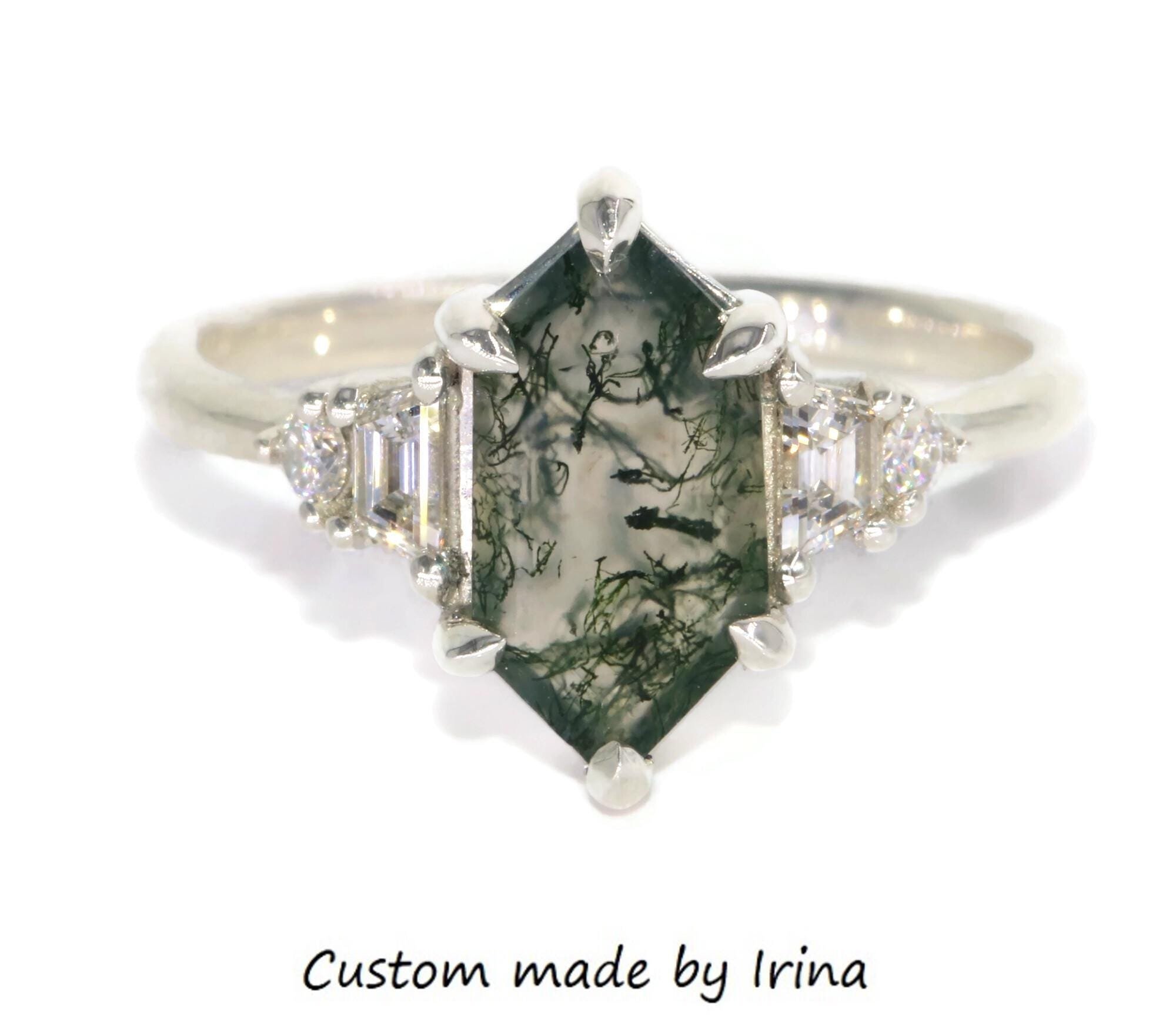 Custom Made Hexagon Moss Agate Ring