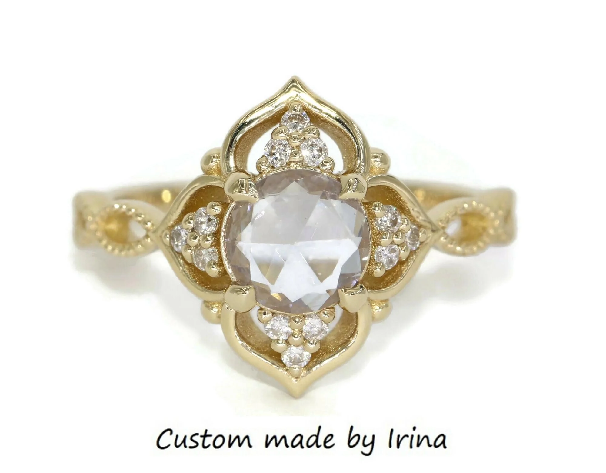 Vintage Inspired Natural White Sapphire + Diamonds 14k Solid Gold Engagement Ring