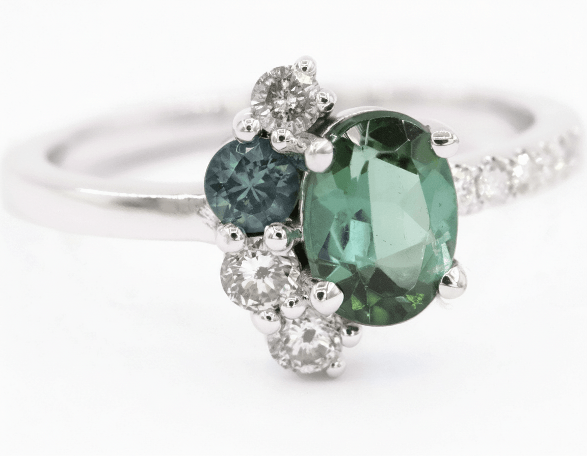 1 ct Oval Green Natural Tourmaline + Diamonds Crescent Ombre Cluster Ring
