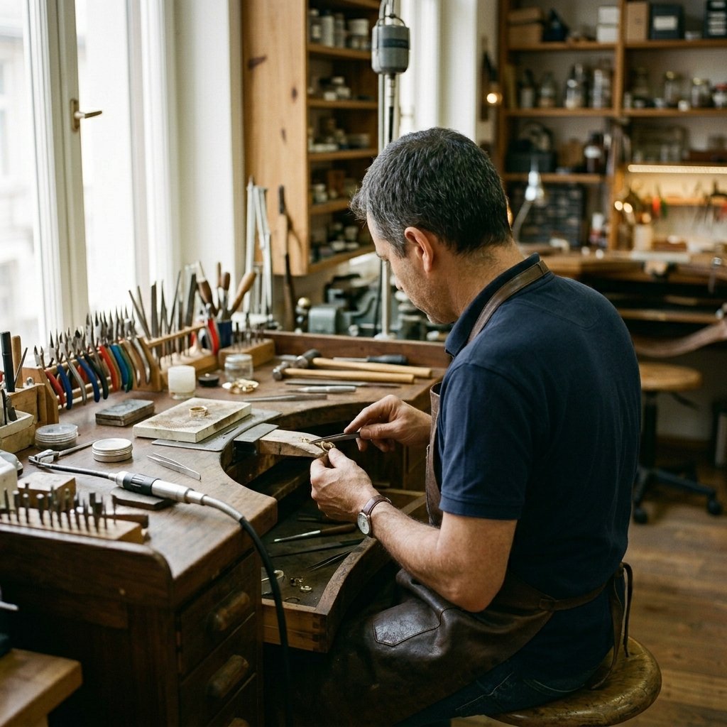 Man working on jewelry with precision tools surrounded by various jewelry-making equipment and parts on a workbench.