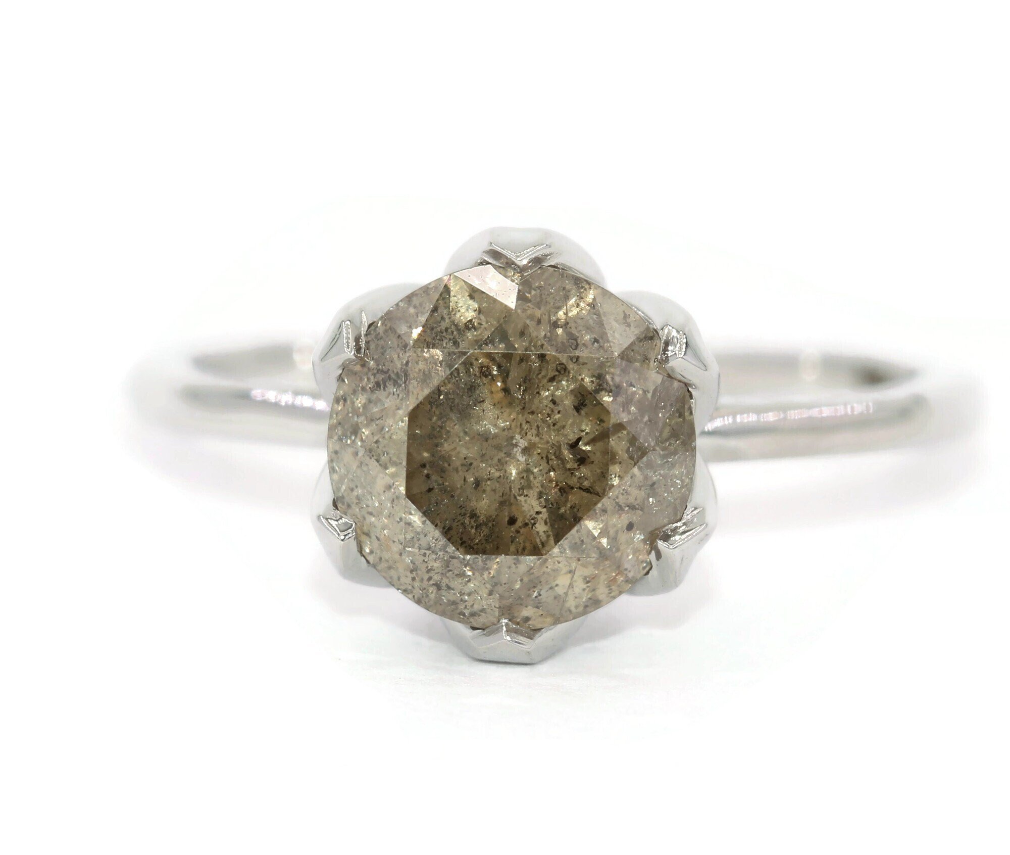 2 ct Salt and Pepper Diamond Flower Petal Solitaire Engagement Ring