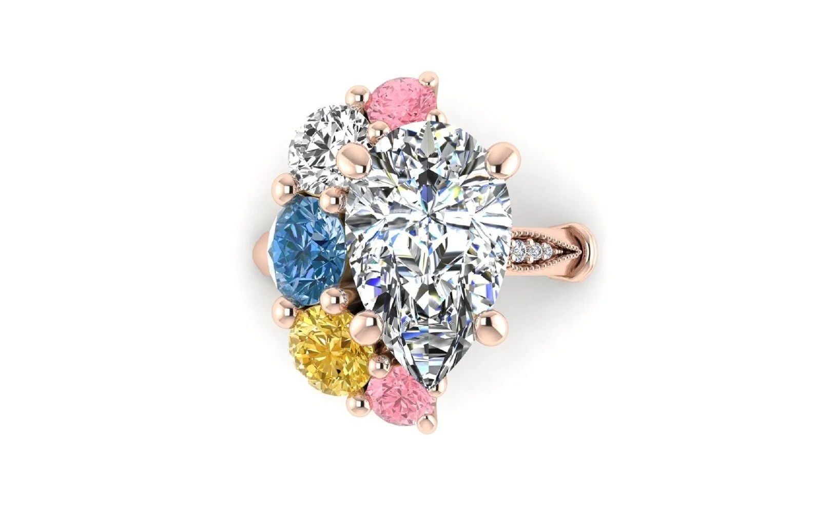 5 ct IGI Certified Lab Diamond Ombre Cluster Half Moon Halo Engagement 14k Solid Gold Ring