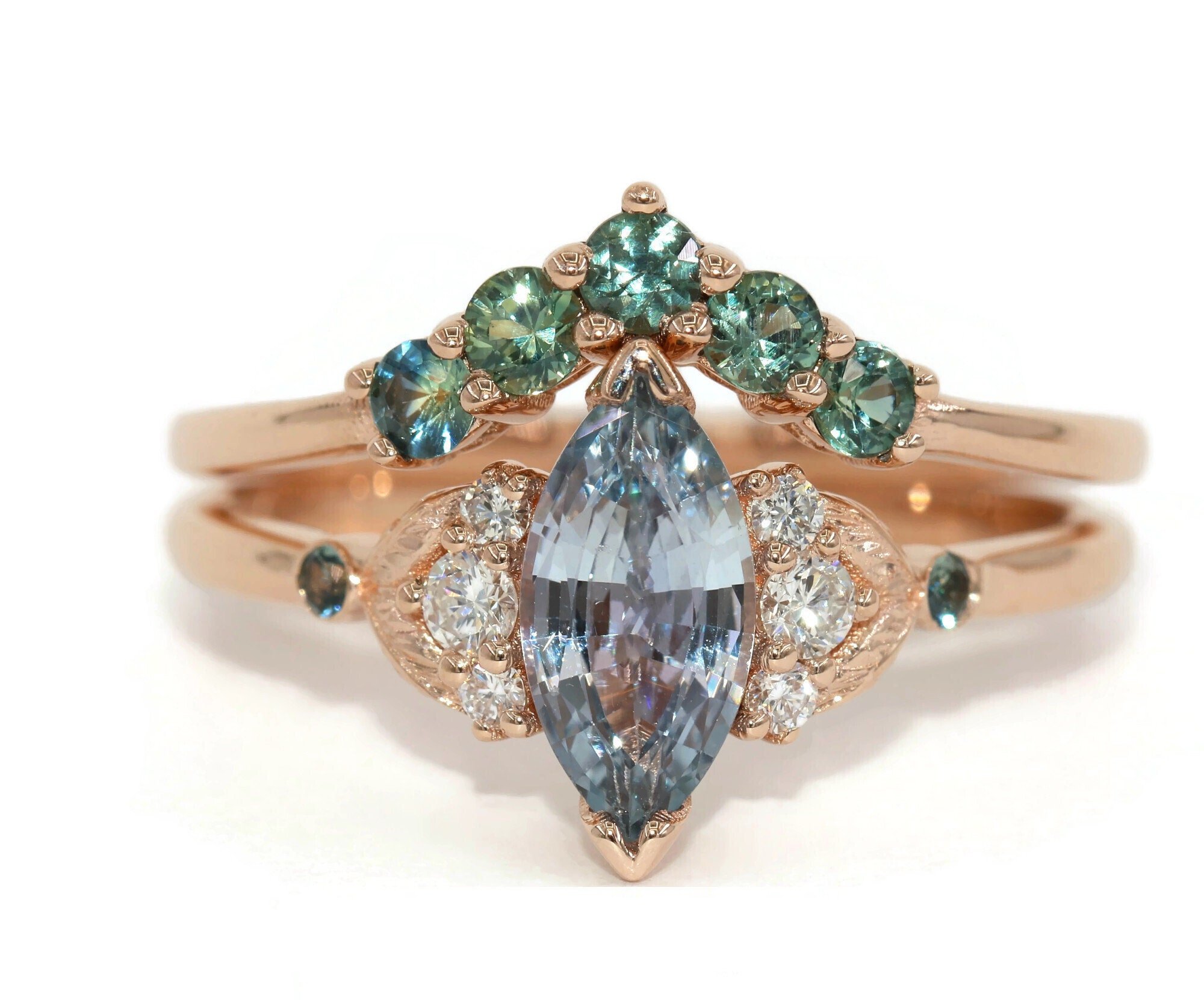 Custom 1 carat Marquise Natural Sapphire Hand Carved Leaf Engagement Ring