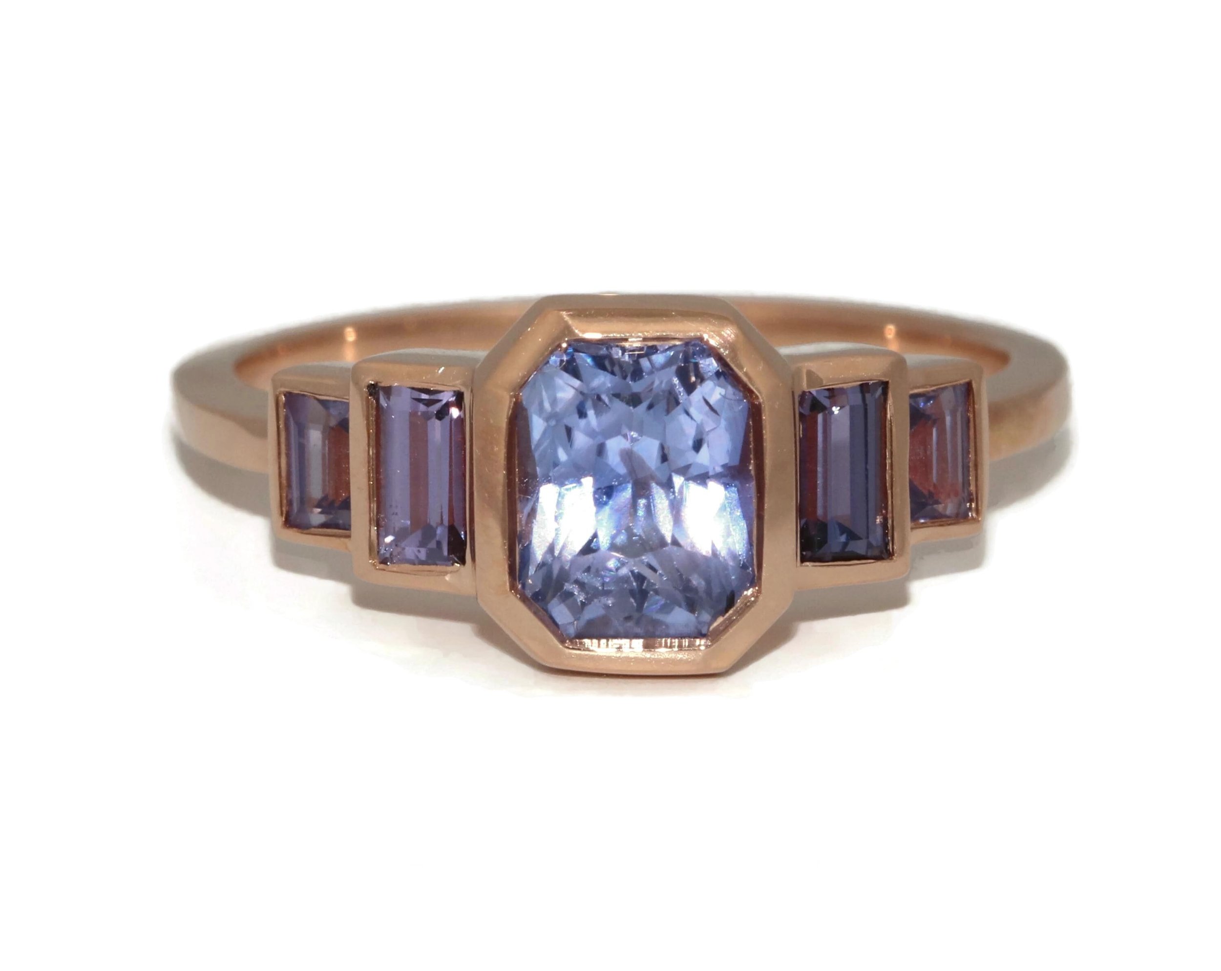 5 Stone Step Cut Art Deco 1.5 ct Blue Purple Natural Sapphire Ring