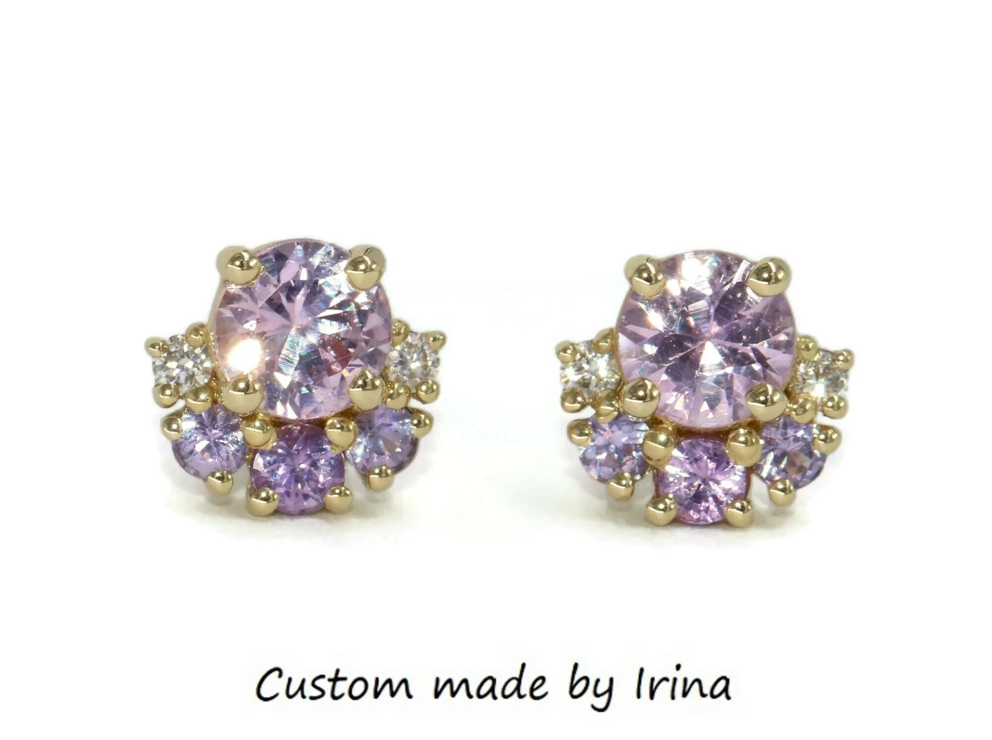 Ombre Lavender Pink Purple Cluster Stud Earrings 14k Solid Gold