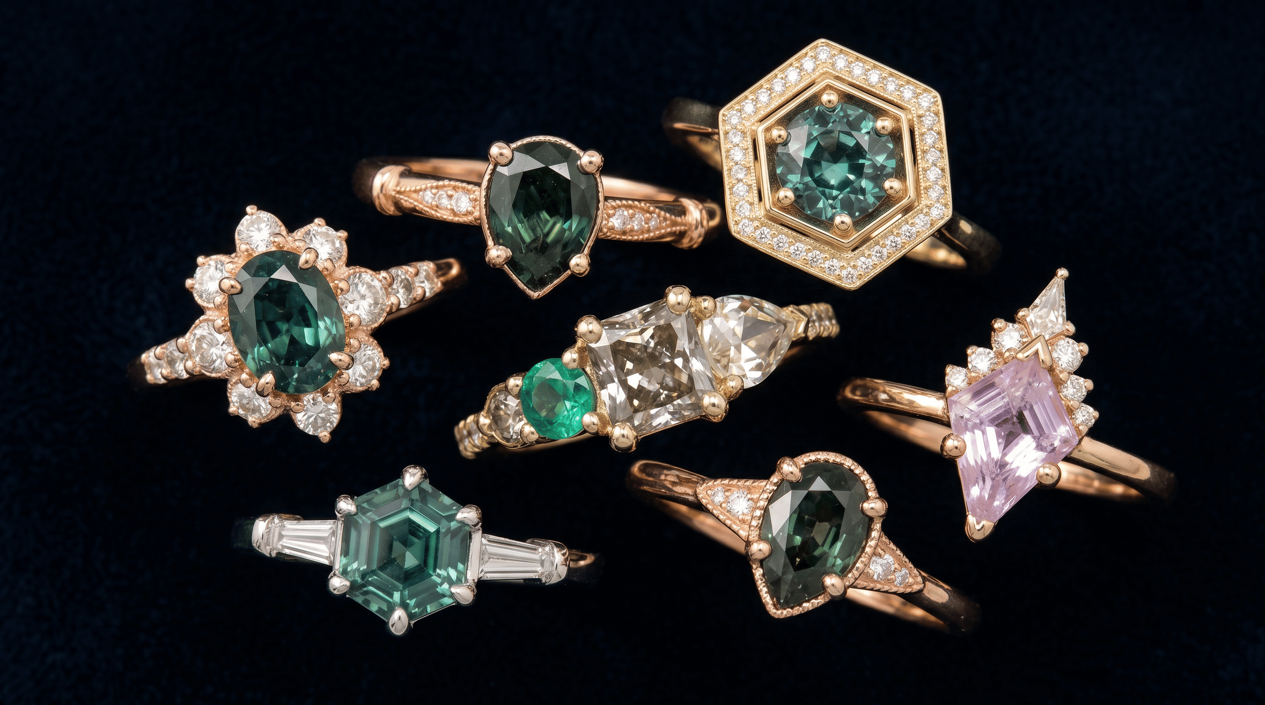Collection of unique colored gemstone engagement rings in yellow and rose gold featuring green sapphire, teal sapphire, emerald, and pink sapphire in various cuts and settings on dark velvet