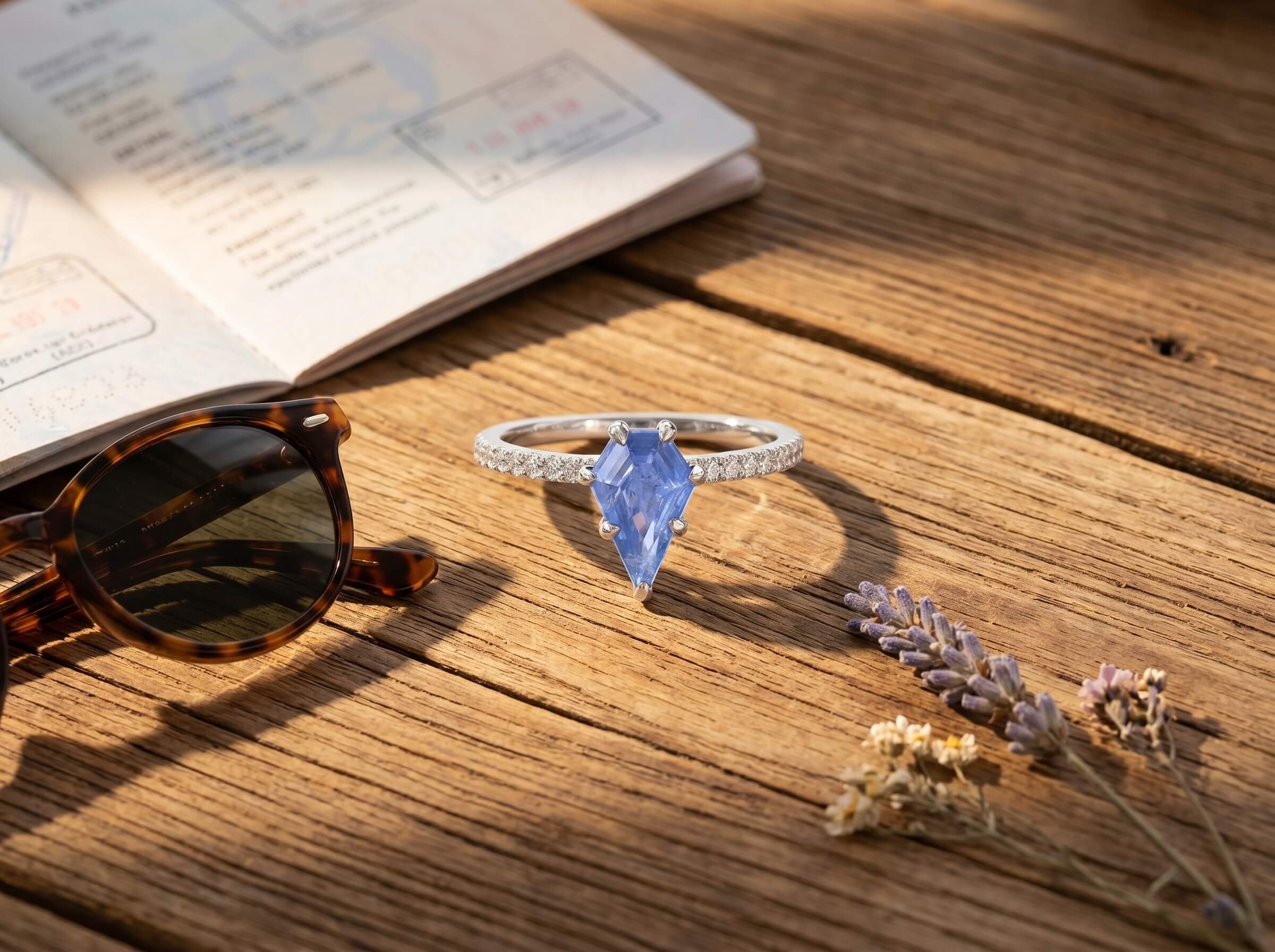 A kite-shaped light blue gemstone ring with a diamond pavé band displayed on a weathered wooden surface, alongside tortoiseshell sunglasses, an open passport, and dried lavender sprigs.