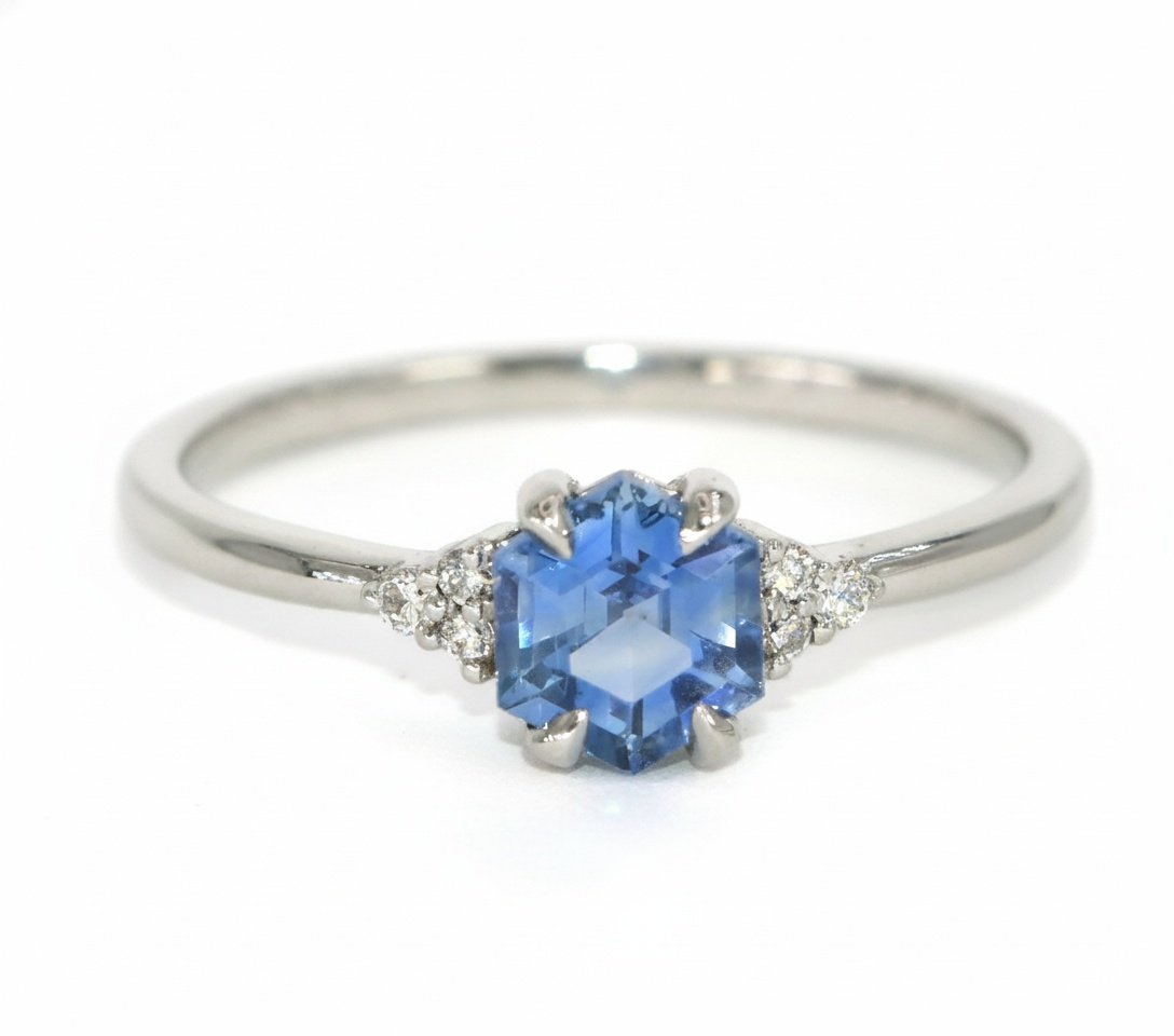 Natural Hexagon Blue Sapphire and Natural Diamonds Cluster Engagement Ring