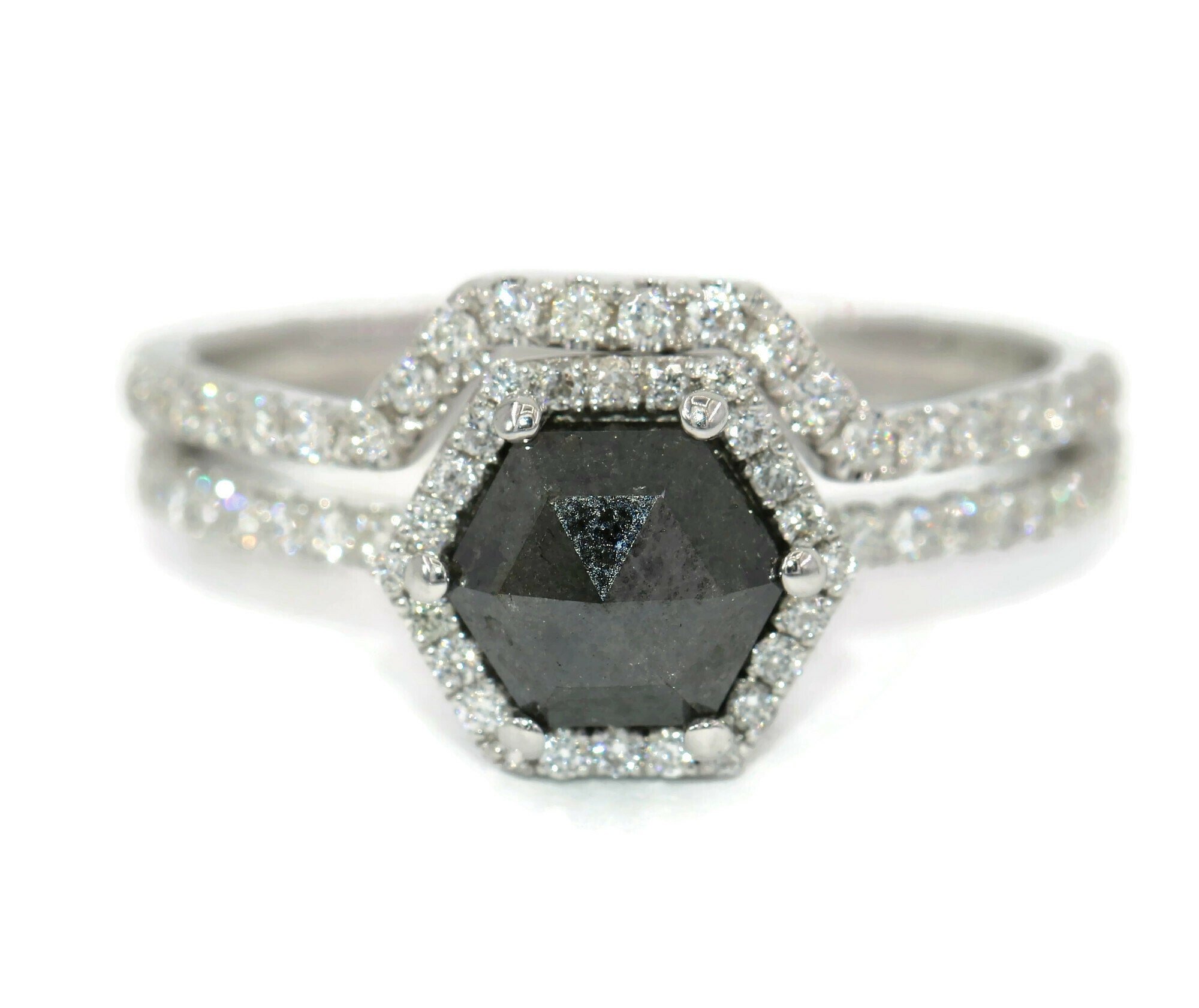 1 ct Black Hexagon Natural Diamond Halo Engagement Ring + Nesting Wedding Band