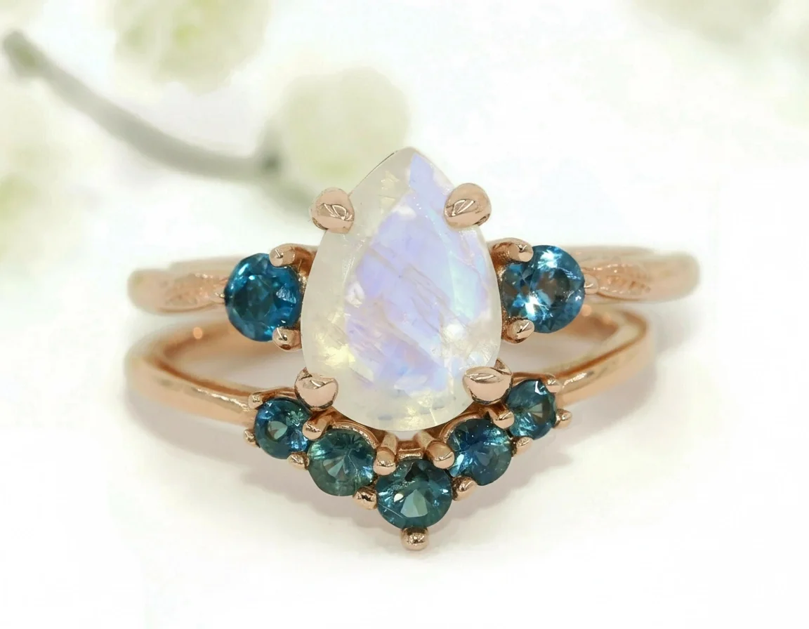 Nature Inspired Hand Carved Leaf Pear Moonstone Ring