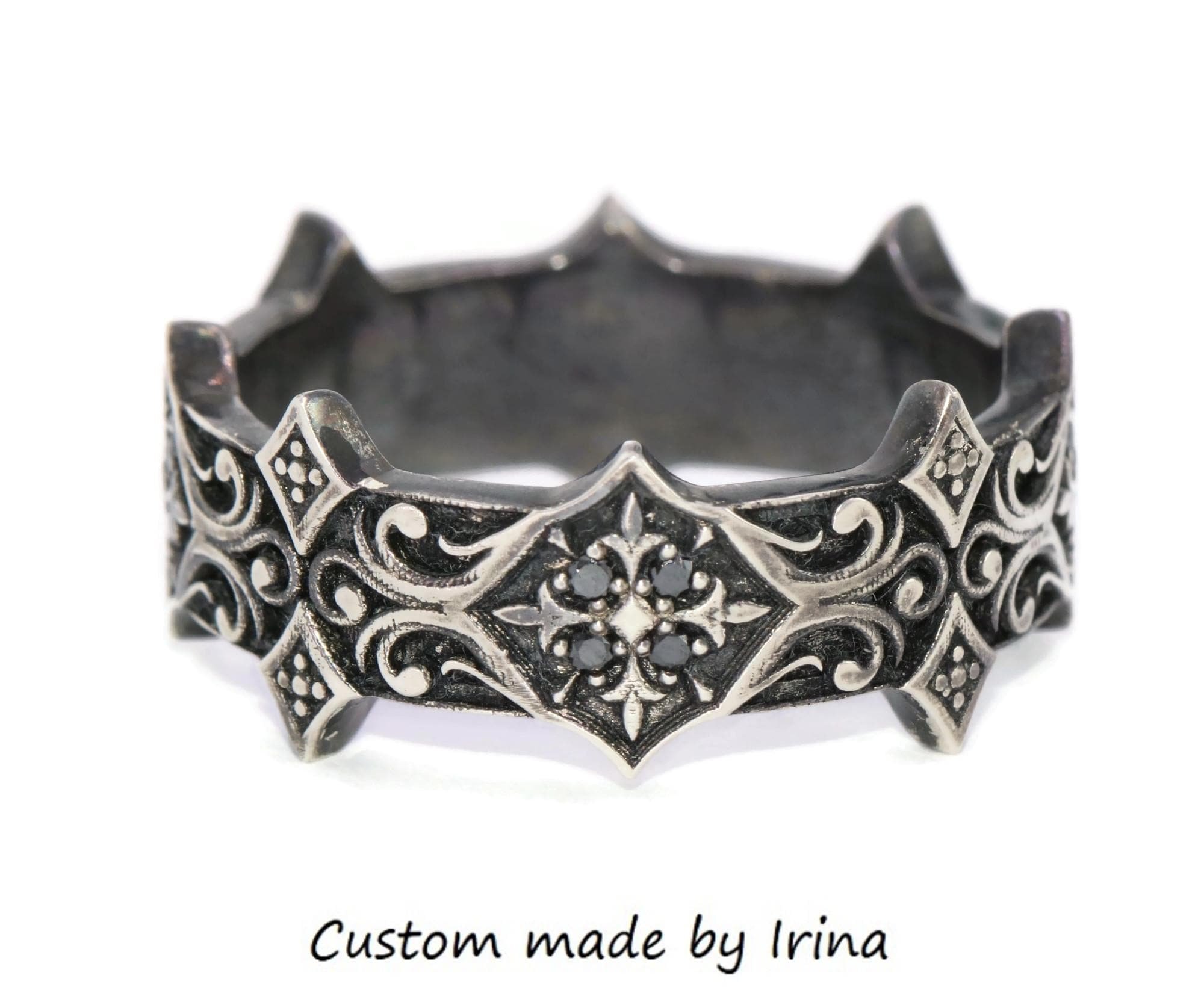 Unisex Black Oxidized Sterling Silver Ring with Black Natural Diamonds