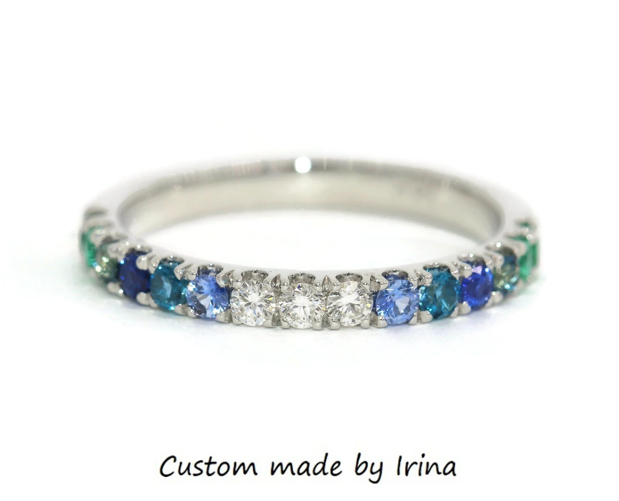 Multi Gemstone Blue Sapphire + Emerald + Diamond Ombré Ring 14k Solid Gold
